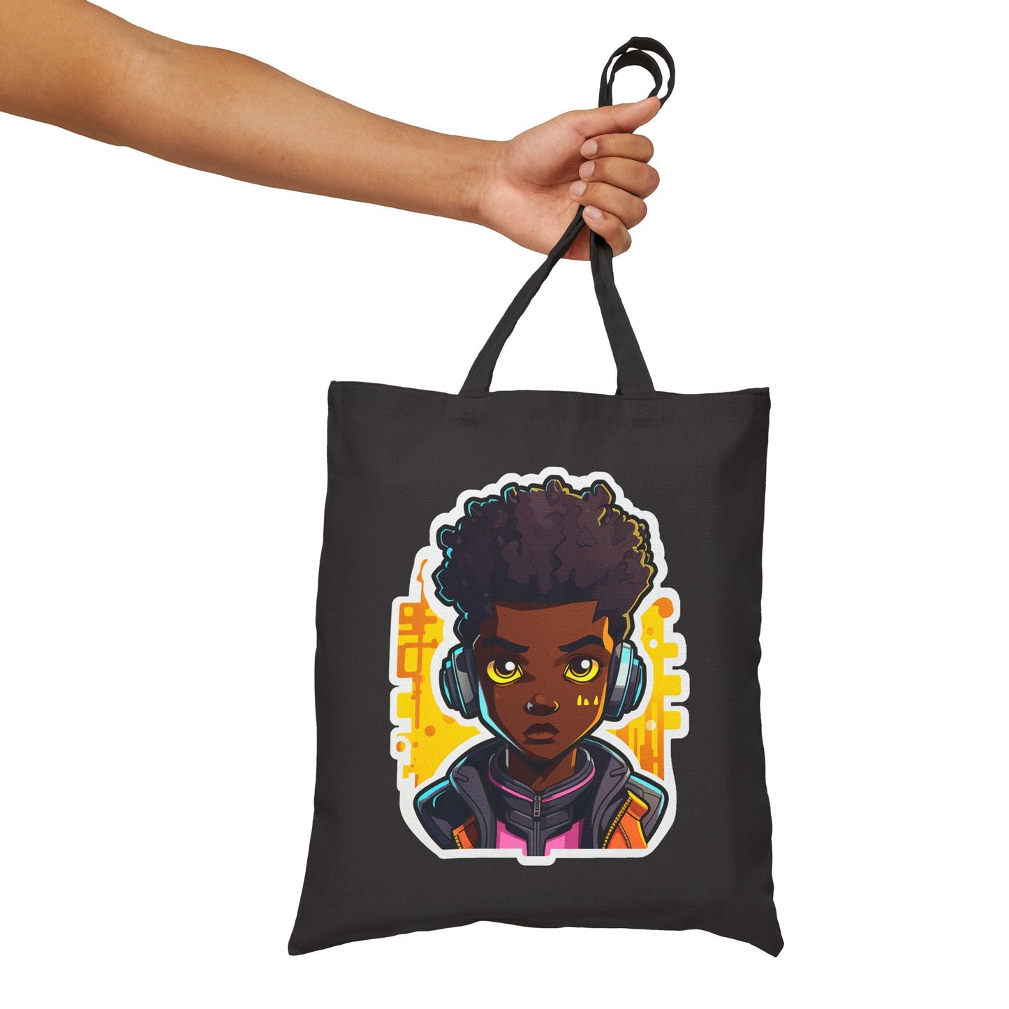 Kawaii Anime Style African American (Black) Young Man (Boy) in Yellow or Golden Background Cotton Canvas Tote Bag