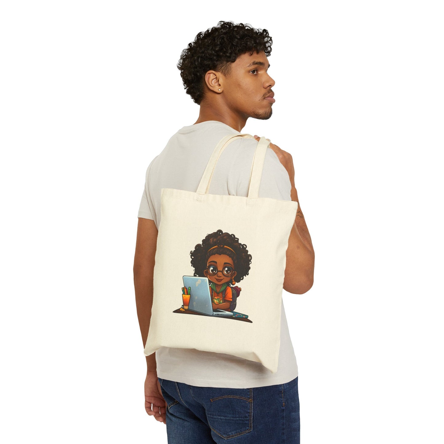Chibi Style African American Girl Black Student Female Student at Her Desk with Her Laptop Cotton Canvas Tote Bag