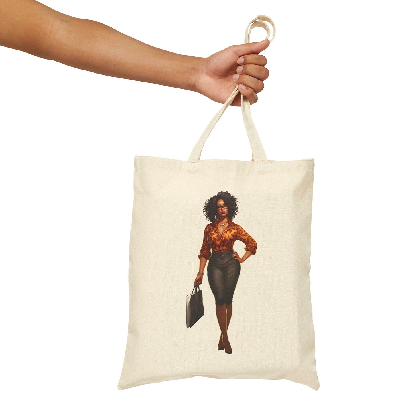 African American Black Business Woman in Orange with Laptop Bag Cotton Canvas Tote Bag