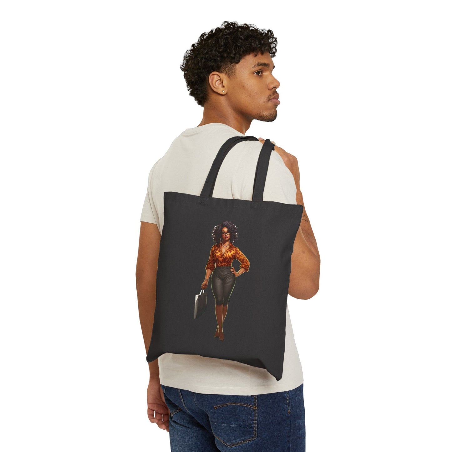 African American Black Business Woman in Orange with Laptop Bag Cotton Canvas Tote Bag