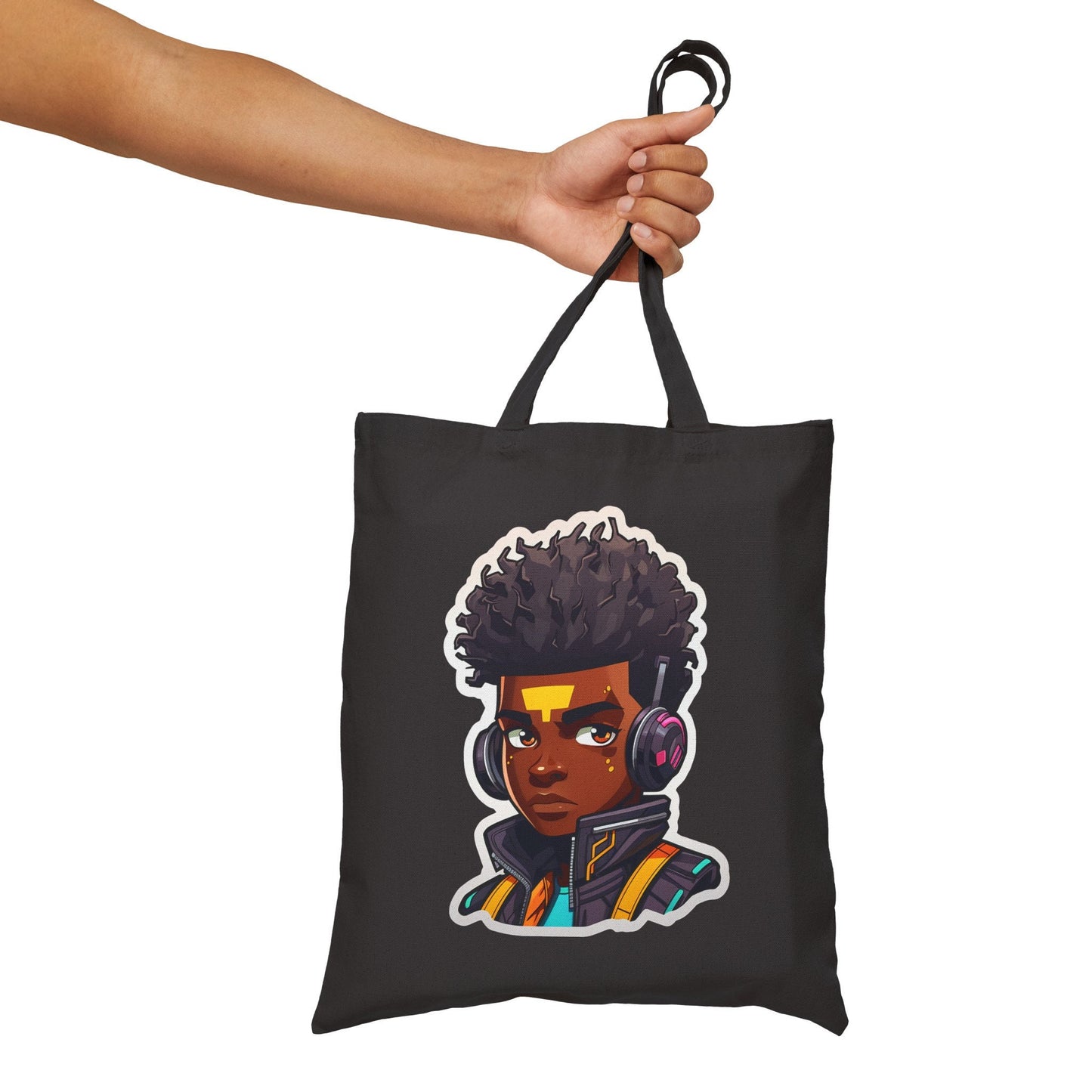Kawaii Anime Style African American Black Young Man Boy WIth Headphones and Jacket Cotton Canvas Tote Bag