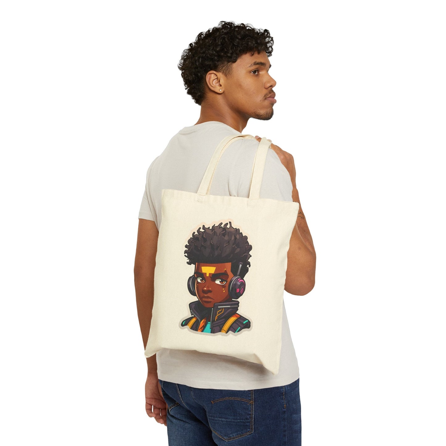 Kawaii Anime Style African American Black Young Man Boy WIth Headphones and Jacket Cotton Canvas Tote Bag