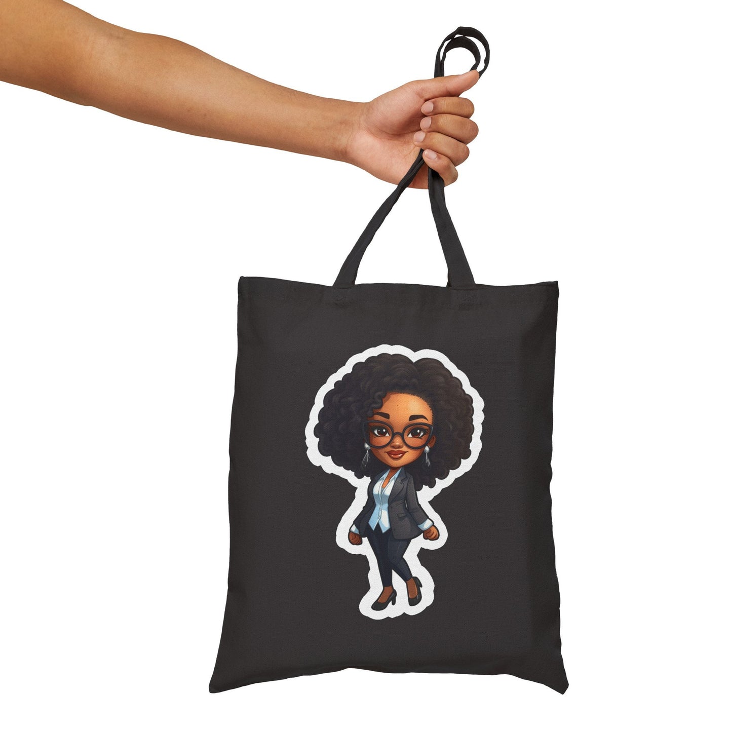 Chibi Style African American Business Woman (Boss Babe) in Black Suit with Skirt Cotton Canvas Tote Bag