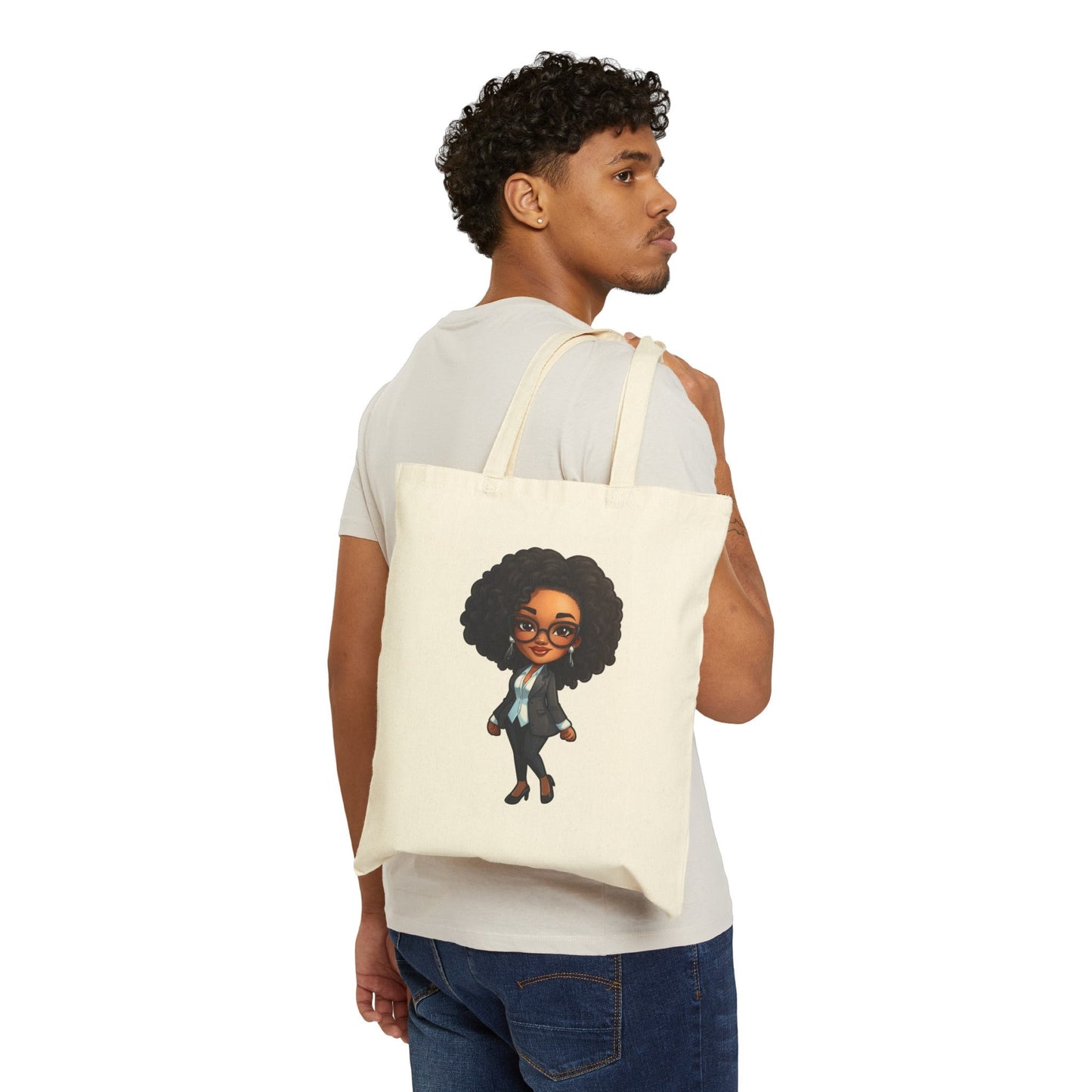 Chibi Style African American Business Woman (Boss Babe) in Black Suit with Skirt Cotton Canvas Tote Bag