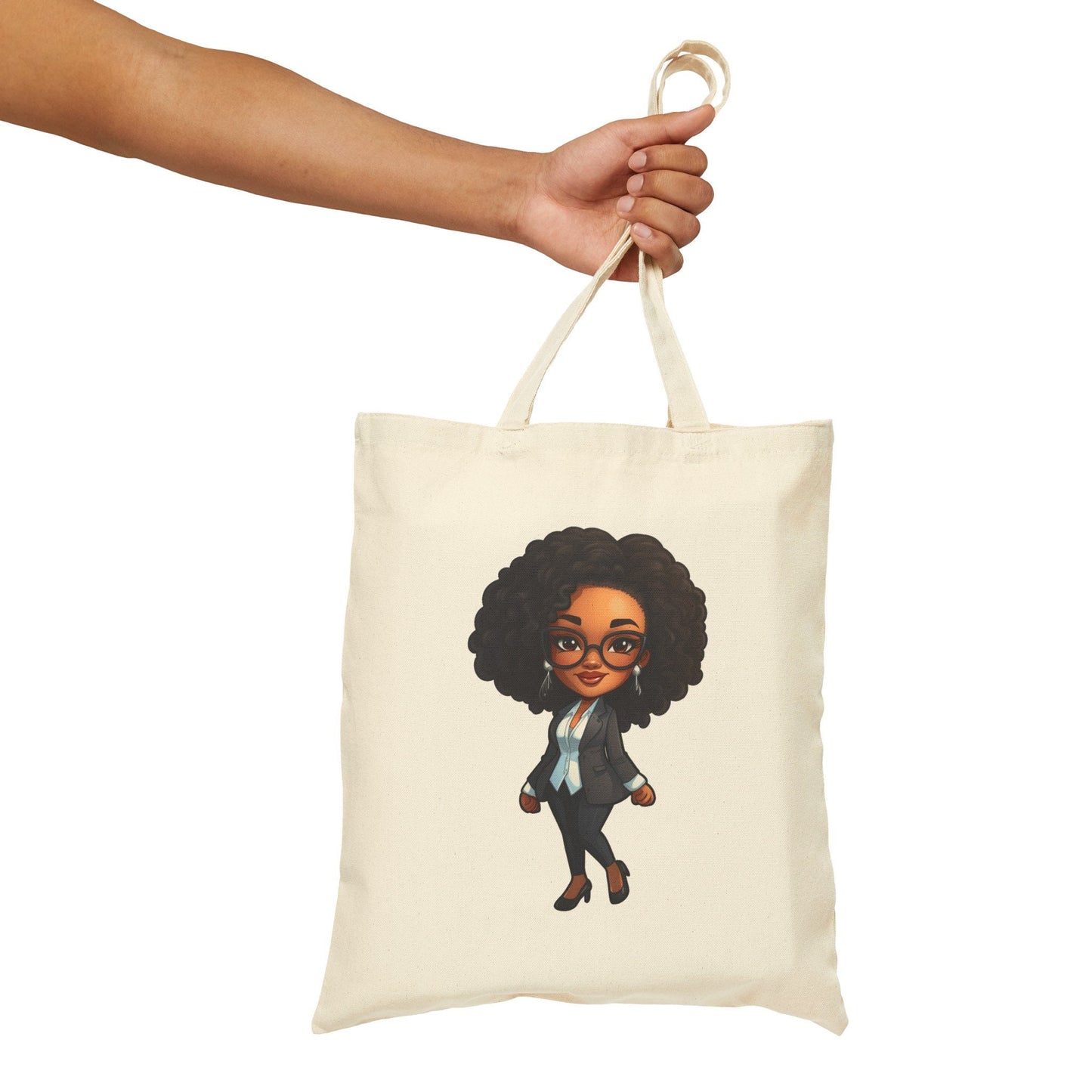 Chibi Style African American Business Woman (Boss Babe) in Black Suit with Skirt Cotton Canvas Tote Bag
