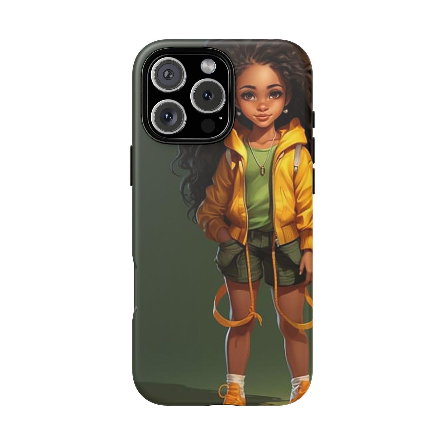 iPhone 16, iPhone 16 Pro, iPhone 16 Plus, iPhone 16 Pro Max Tough Case African American Young Woman Black in Yellow Hoodie Yellow Sweatshirt