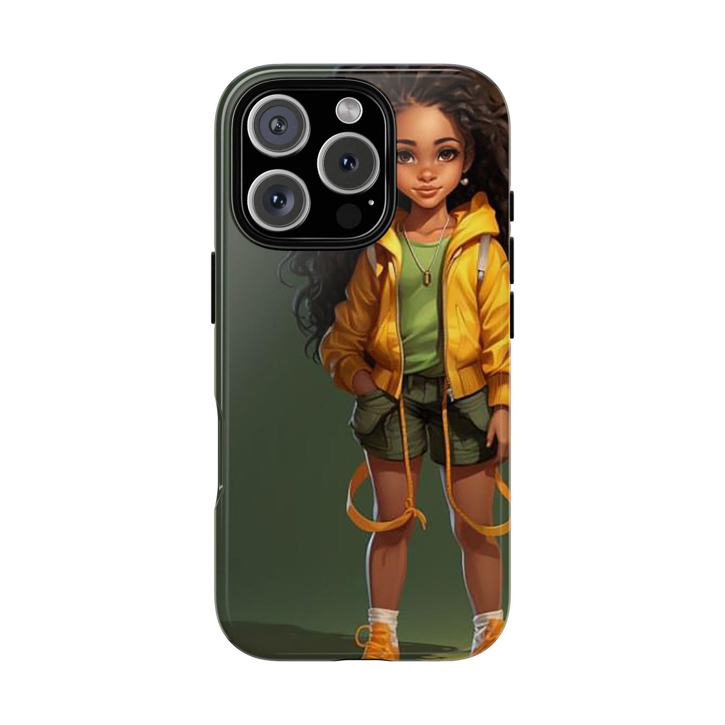 iPhone 16, iPhone 16 Pro, iPhone 16 Plus, iPhone 16 Pro Max Tough Case African American Young Woman Black in Yellow Hoodie Yellow Sweatshirt