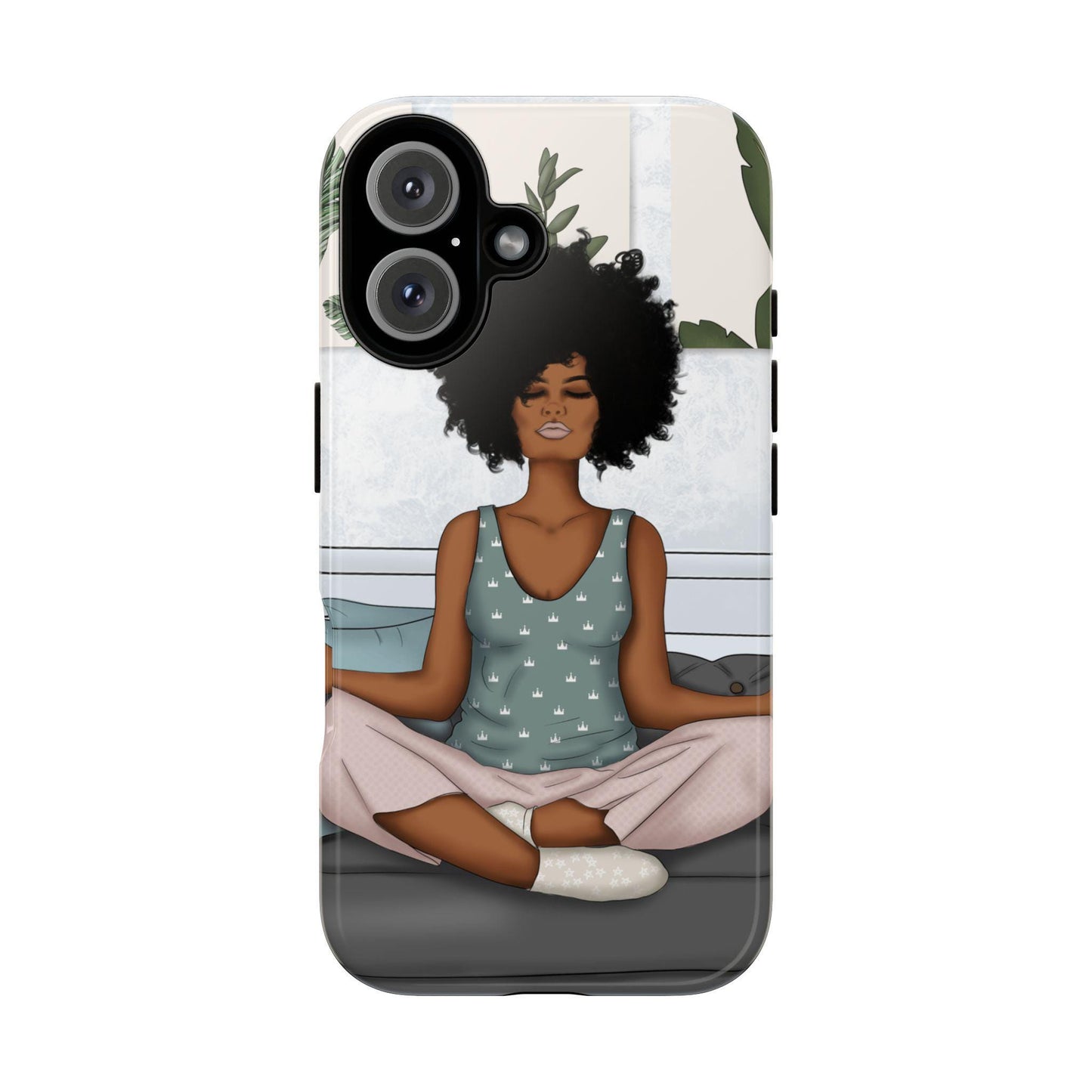 iPhone 16, iPhone 16 Pro, iPhone 16 Plus, iPhone 16 Pro Max Tough Cases African American Woman Black Woman Yoga Namaste Peace Joy