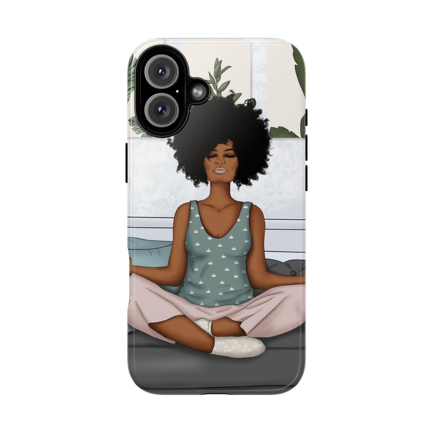 iPhone 16, iPhone 16 Pro, iPhone 16 Plus, iPhone 16 Pro Max Tough Cases African American Woman Black Woman Yoga Namaste Peace Joy
