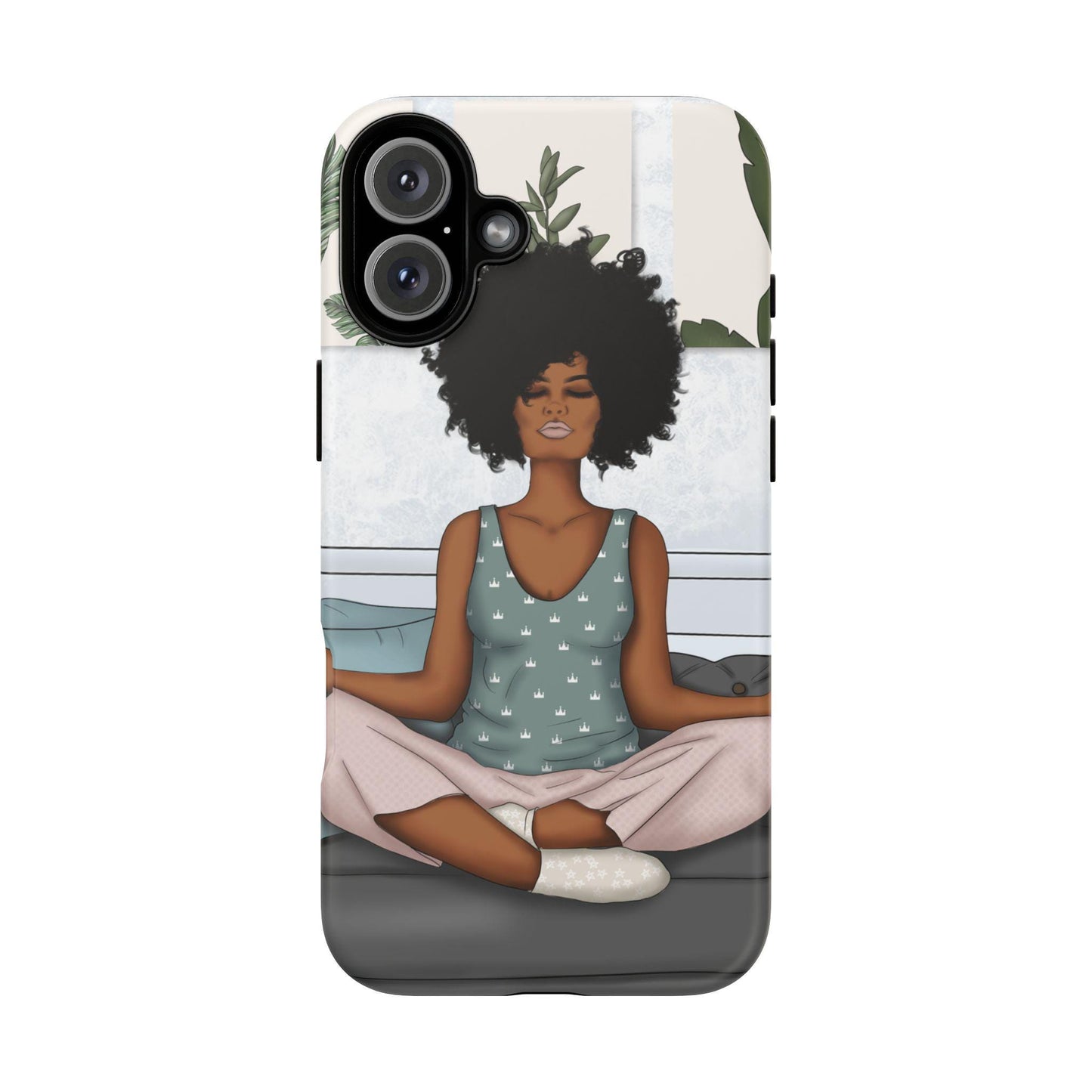iPhone 16, iPhone 16 Pro, iPhone 16 Plus, iPhone 16 Pro Max Tough Cases African American Woman Black Woman Yoga Namaste Peace Joy