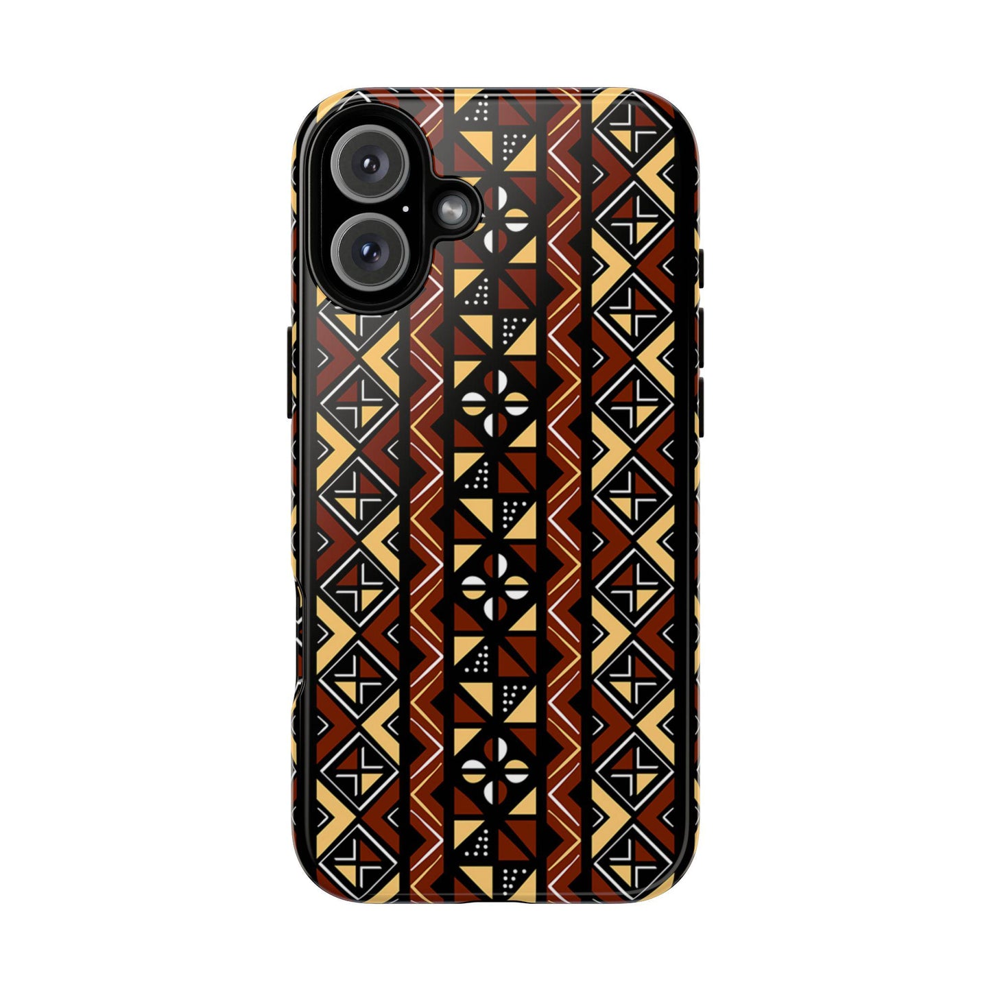 iPhone 16, iPhone 16 Pro, iPhone 16 Plus, iPhone 16 Pro Max Tough Cases Brown Black Yellow African Design Pattern