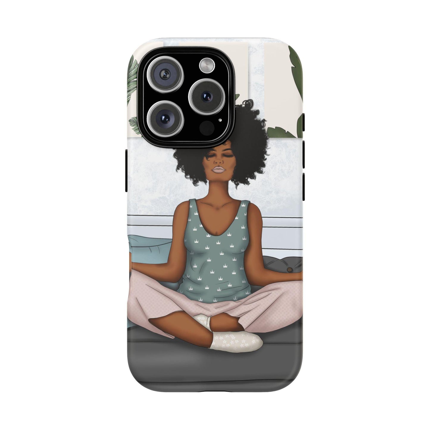 iPhone 16, iPhone 16 Pro, iPhone 16 Plus, iPhone 16 Pro Max Tough Cases African American Woman Black Woman Yoga Namaste Peace Joy