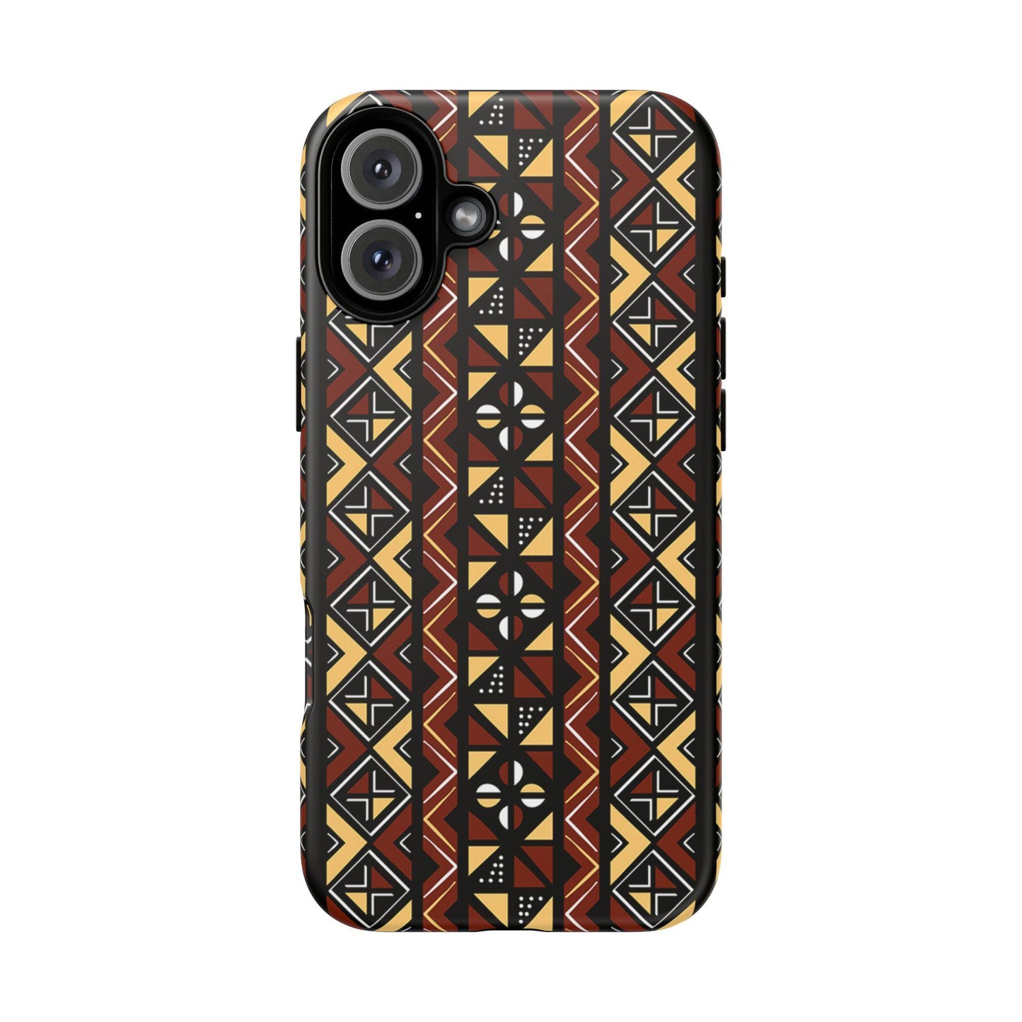 iPhone 16, iPhone 16 Pro, iPhone 16 Plus, iPhone 16 Pro Max Tough Cases Brown Black Yellow African Design Pattern