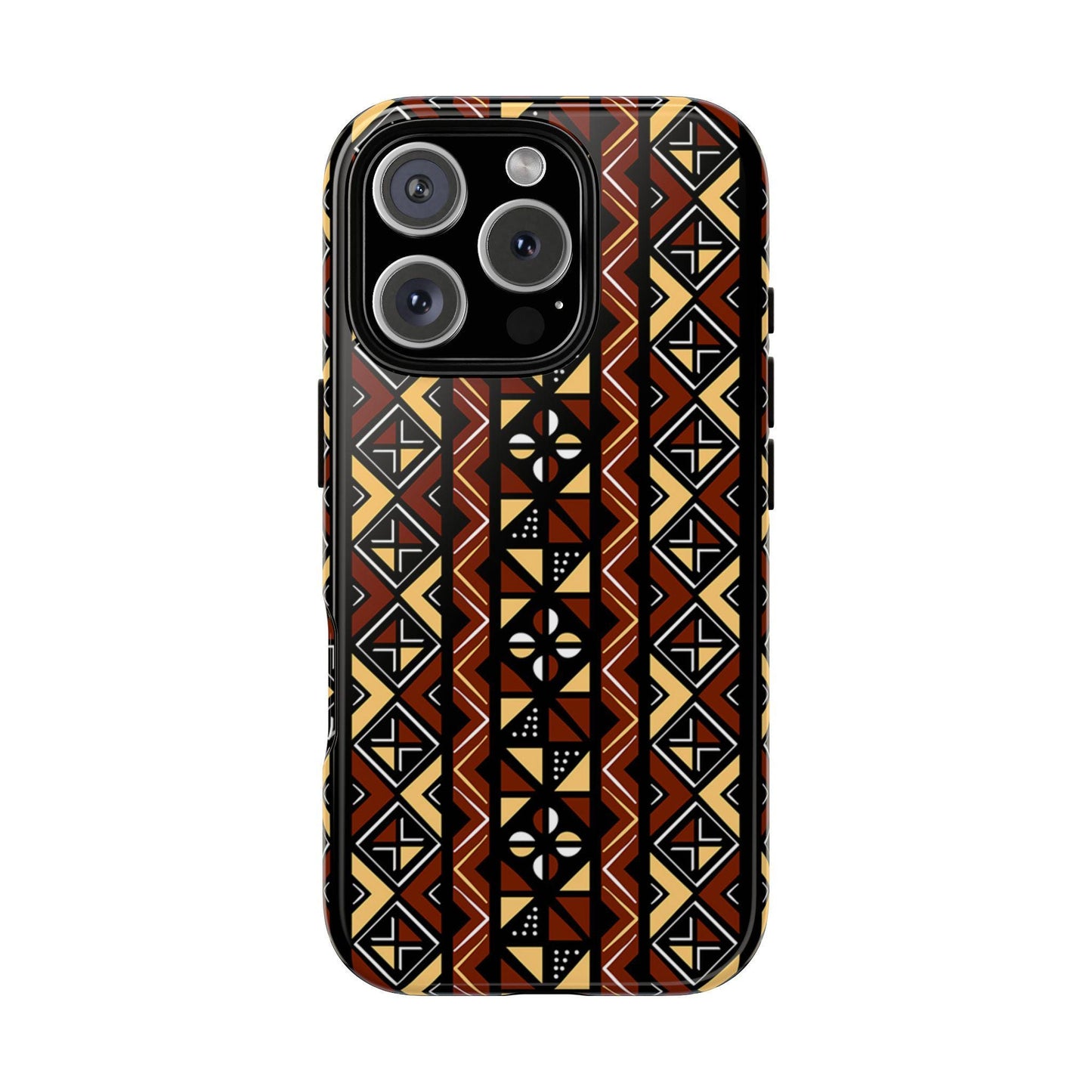 iPhone 16, iPhone 16 Pro, iPhone 16 Plus, iPhone 16 Pro Max Tough Cases Brown Black Yellow African Design Pattern