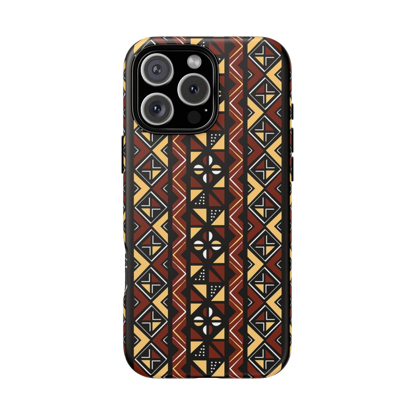 iPhone 16, iPhone 16 Pro, iPhone 16 Plus, iPhone 16 Pro Max Tough Cases Brown Black Yellow African Design Pattern