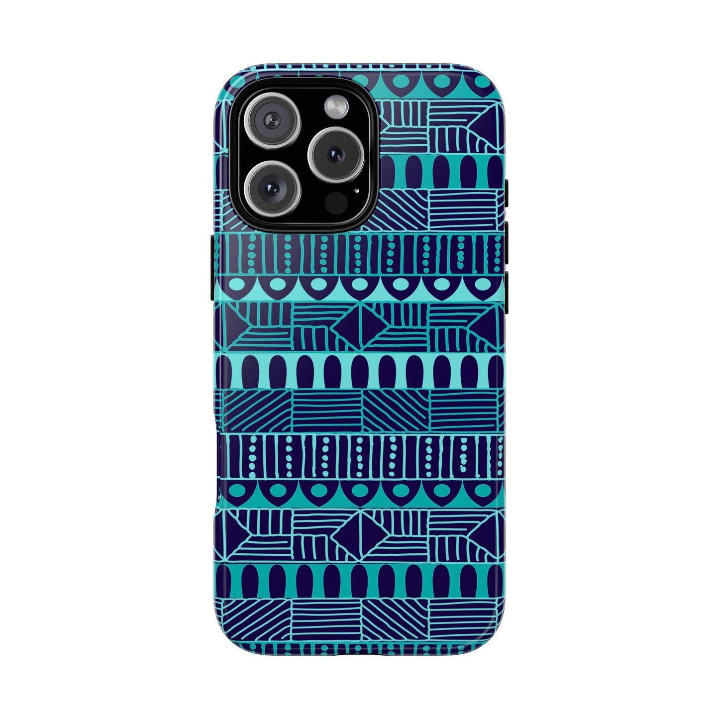 iPhone 16, iPhone 16 Pro, iPhone 16 Plus, iPhone 16 Pro Max Tough Cases Blue Navy Batik African Design Pattern Teal Light Blue