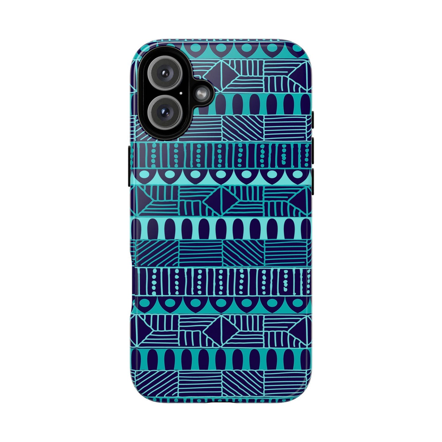 iPhone 16, iPhone 16 Pro, iPhone 16 Plus, iPhone 16 Pro Max Tough Cases Blue Navy Batik African Design Pattern Teal Light Blue