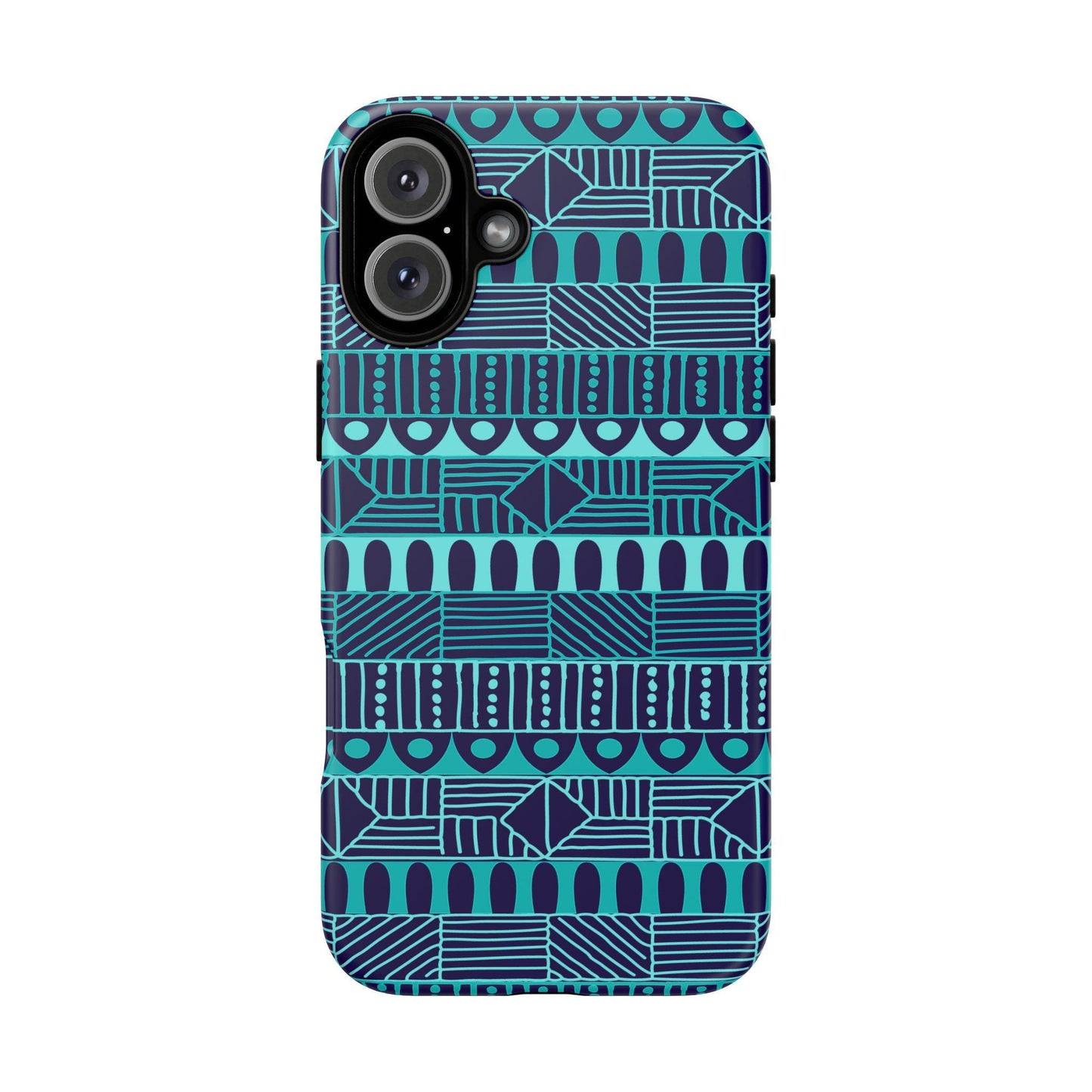 iPhone 16, iPhone 16 Pro, iPhone 16 Plus, iPhone 16 Pro Max Tough Cases Blue Navy Batik African Design Pattern Teal Light Blue