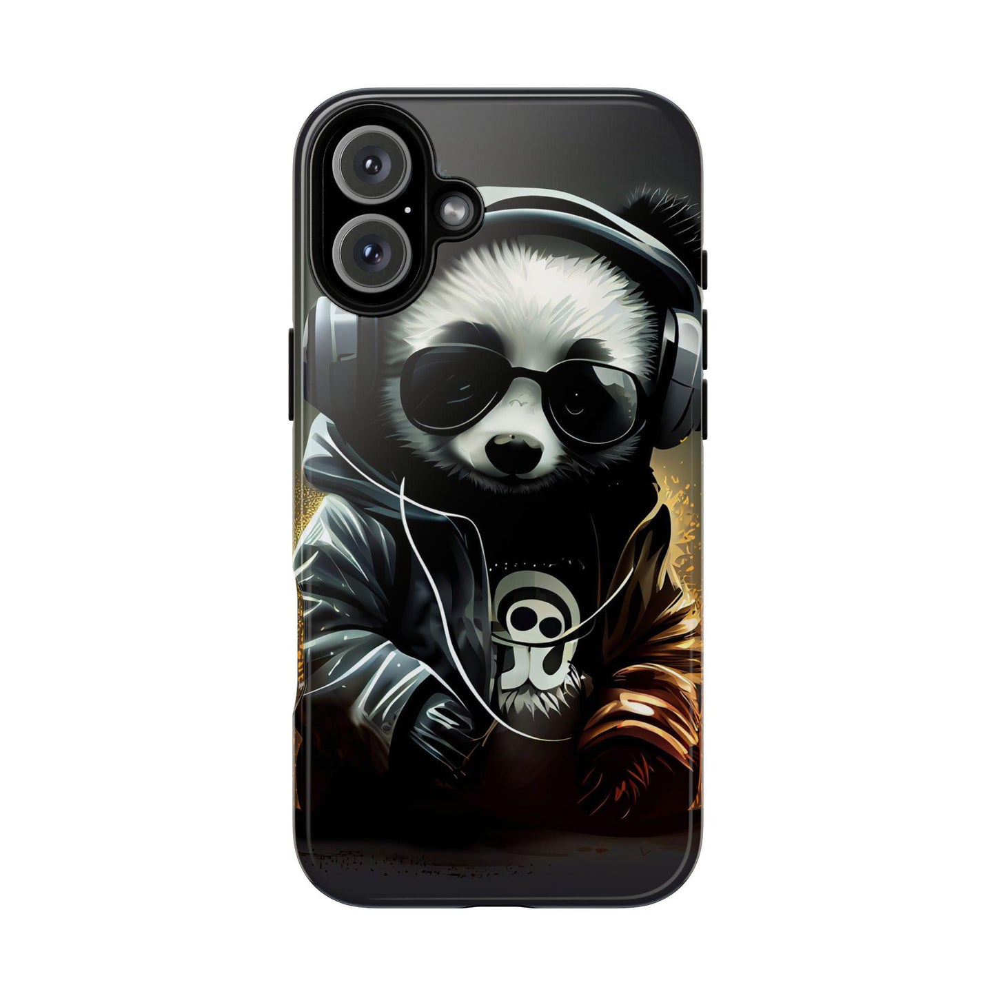iPhone 16, iPhone 16 Pro, iPhone 16 Plus, iPhone 16 Pro Max Tough Cases Black White Panda With Headphones Audiophile Stereo headset bear