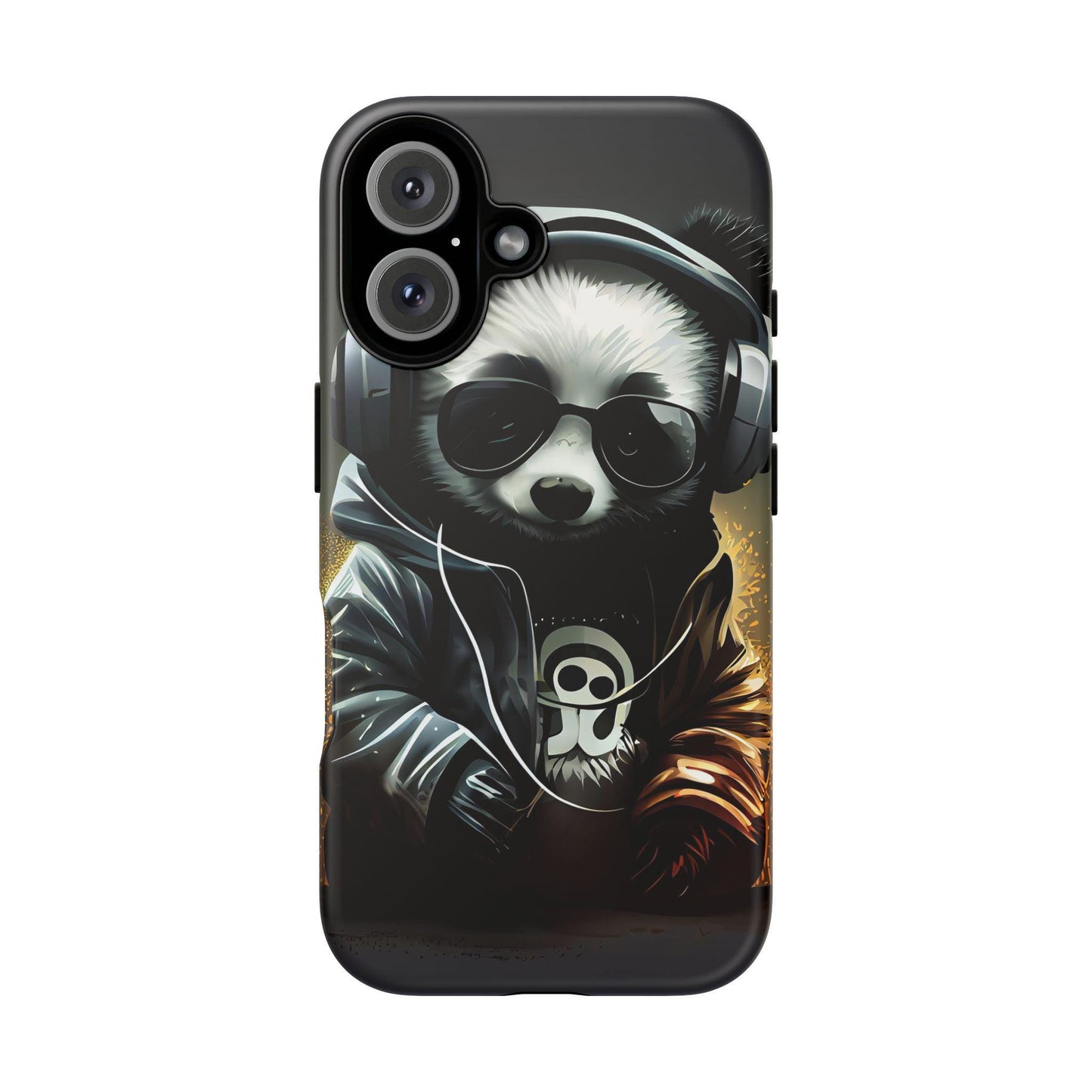 iPhone 16, iPhone 16 Pro, iPhone 16 Plus, iPhone 16 Pro Max Tough Cases Black White Panda With Headphones Audiophile Stereo headset bear
