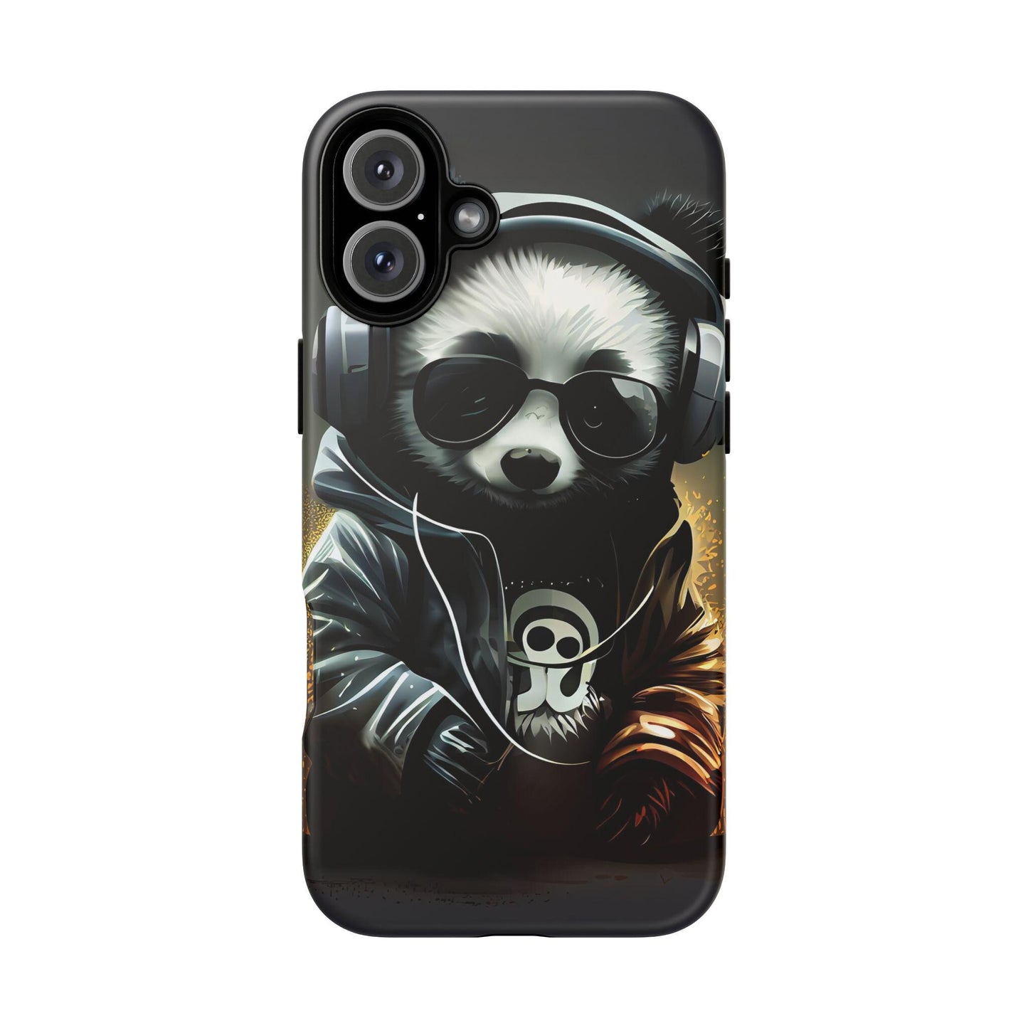 iPhone 16, iPhone 16 Pro, iPhone 16 Plus, iPhone 16 Pro Max Tough Cases Black White Panda With Headphones Audiophile Stereo headset bear