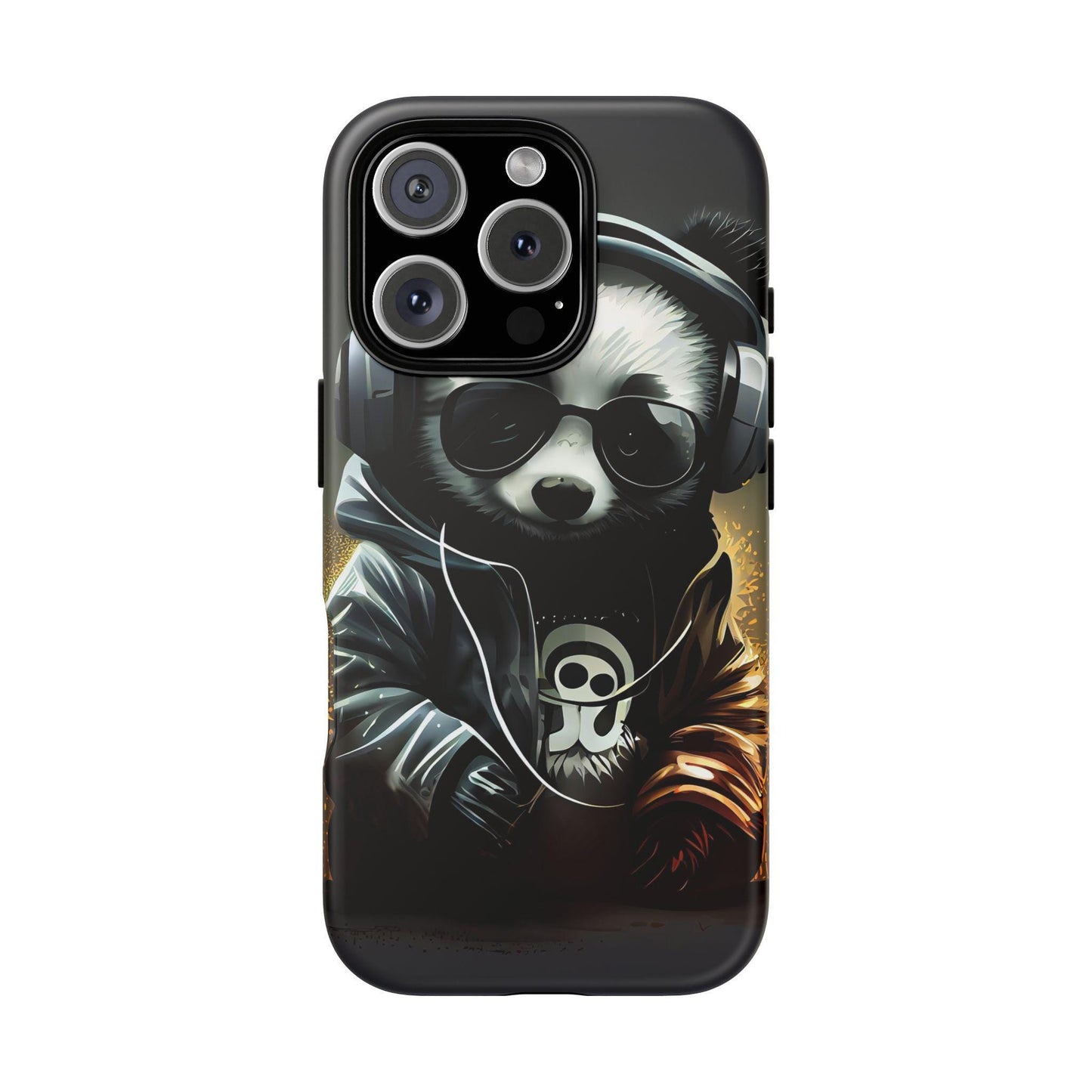 iPhone 16, iPhone 16 Pro, iPhone 16 Plus, iPhone 16 Pro Max Tough Cases Black White Panda With Headphones Audiophile Stereo headset bear