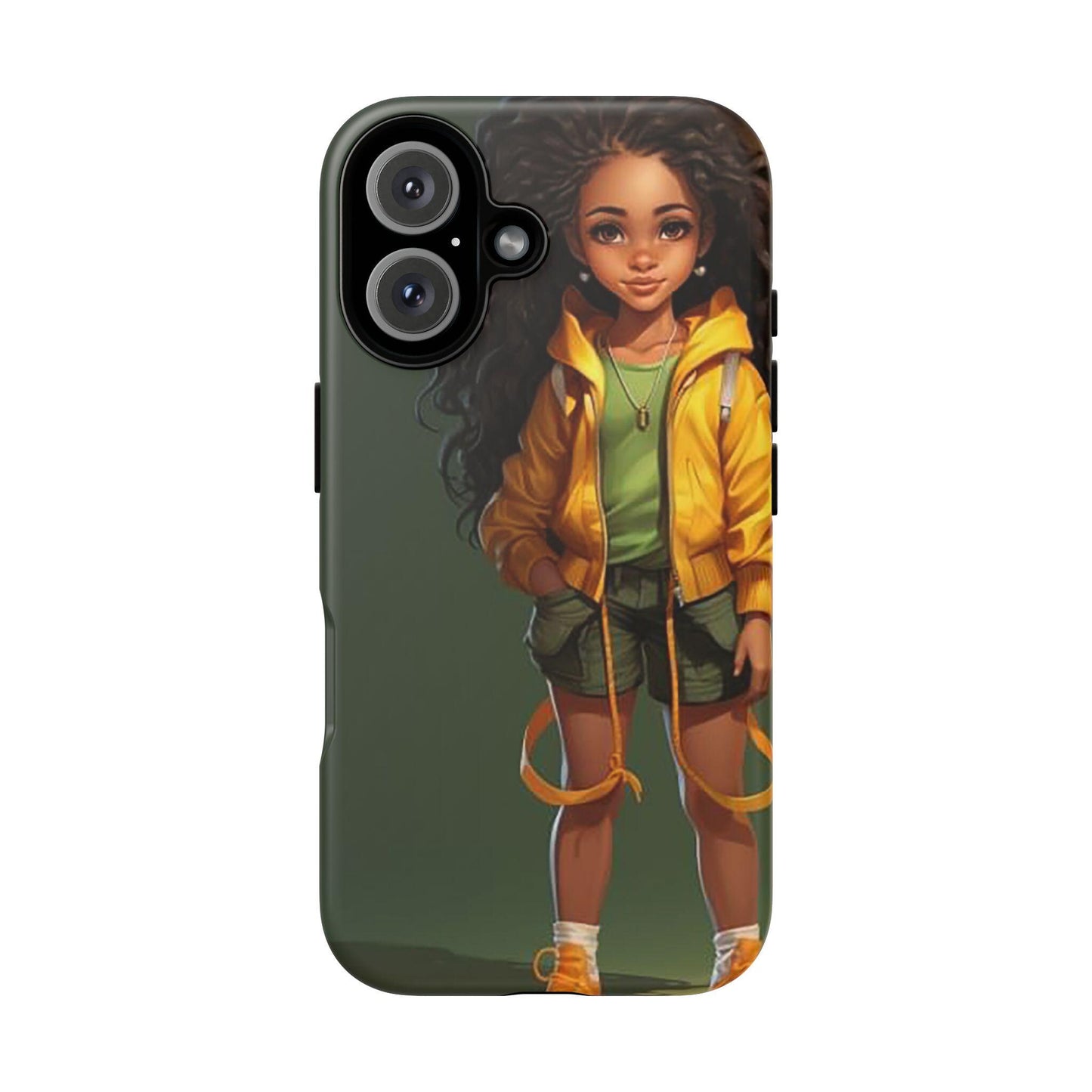 iPhone 16, iPhone 16 Pro, iPhone 16 Plus, iPhone 16 Pro Max Tough Case African American Young Woman Black in Yellow Hoodie Yellow Sweatshirt
