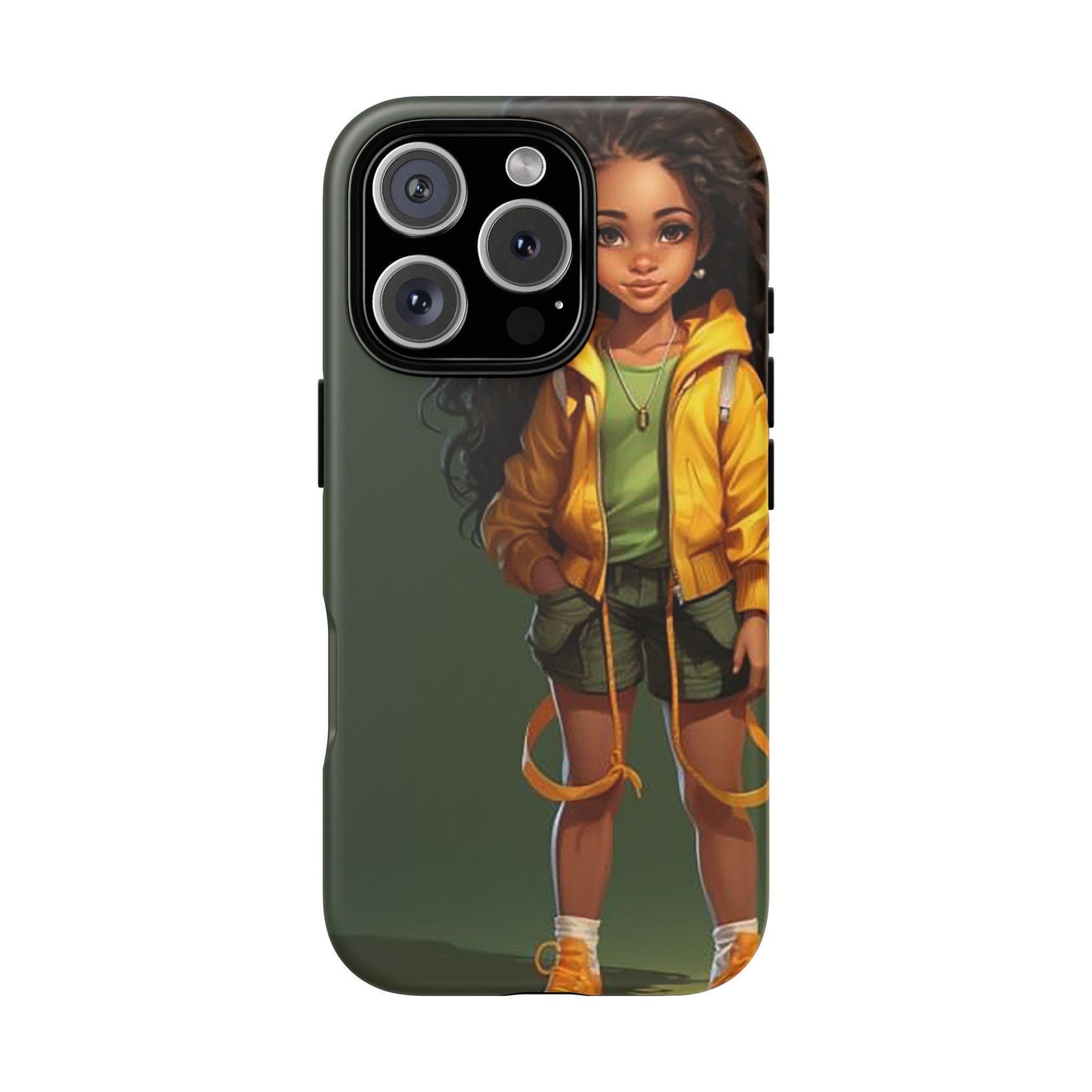 iPhone 16, iPhone 16 Pro, iPhone 16 Plus, iPhone 16 Pro Max Tough Case African American Young Woman Black in Yellow Hoodie Yellow Sweatshirt