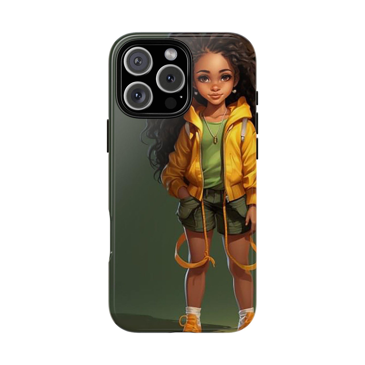 iPhone 16, iPhone 16 Pro, iPhone 16 Plus, iPhone 16 Pro Max Tough Case African American Young Woman Black in Yellow Hoodie Yellow Sweatshirt
