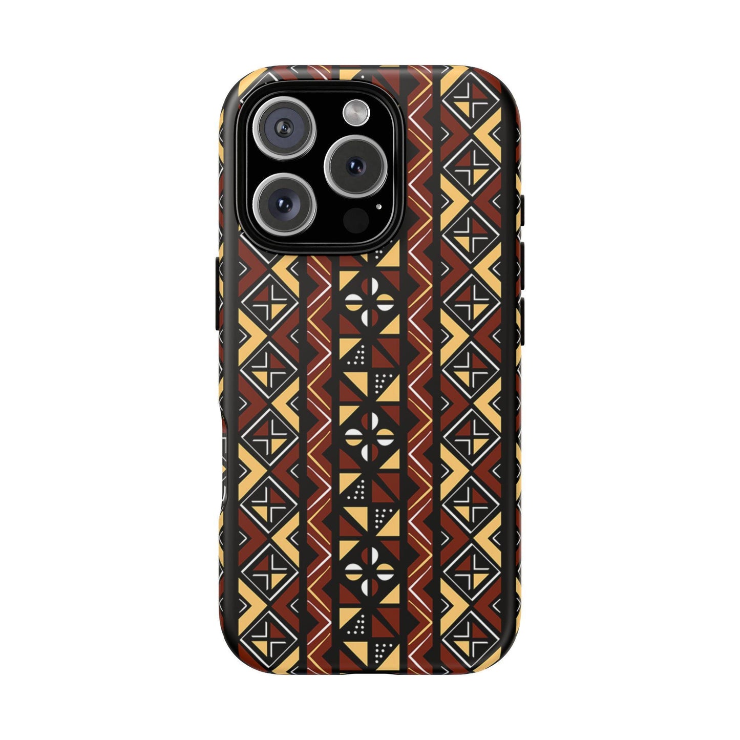 iPhone 16, iPhone 16 Pro, iPhone 16 Plus, iPhone 16 Pro Max Tough Cases Brown Black Yellow African Design Pattern