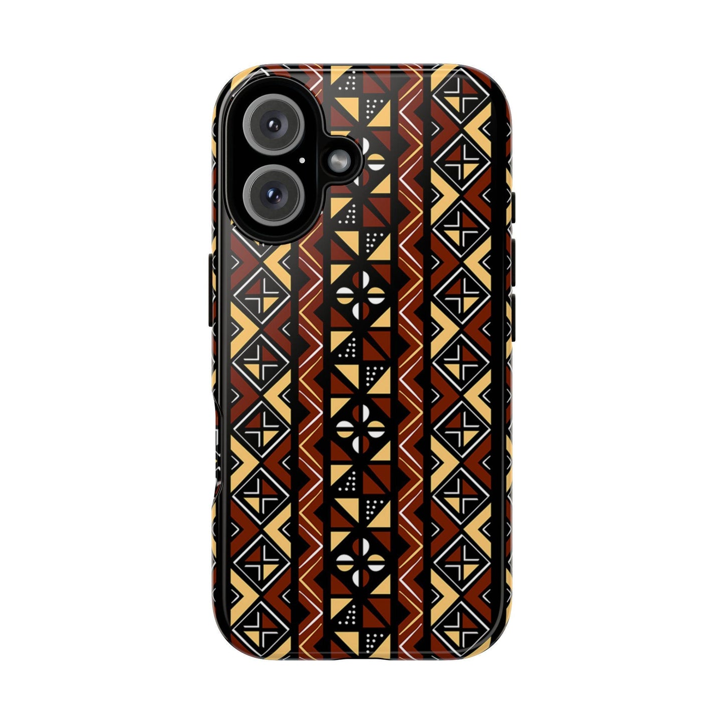 iPhone 16, iPhone 16 Pro, iPhone 16 Plus, iPhone 16 Pro Max Tough Cases Brown Black Yellow African Design Pattern