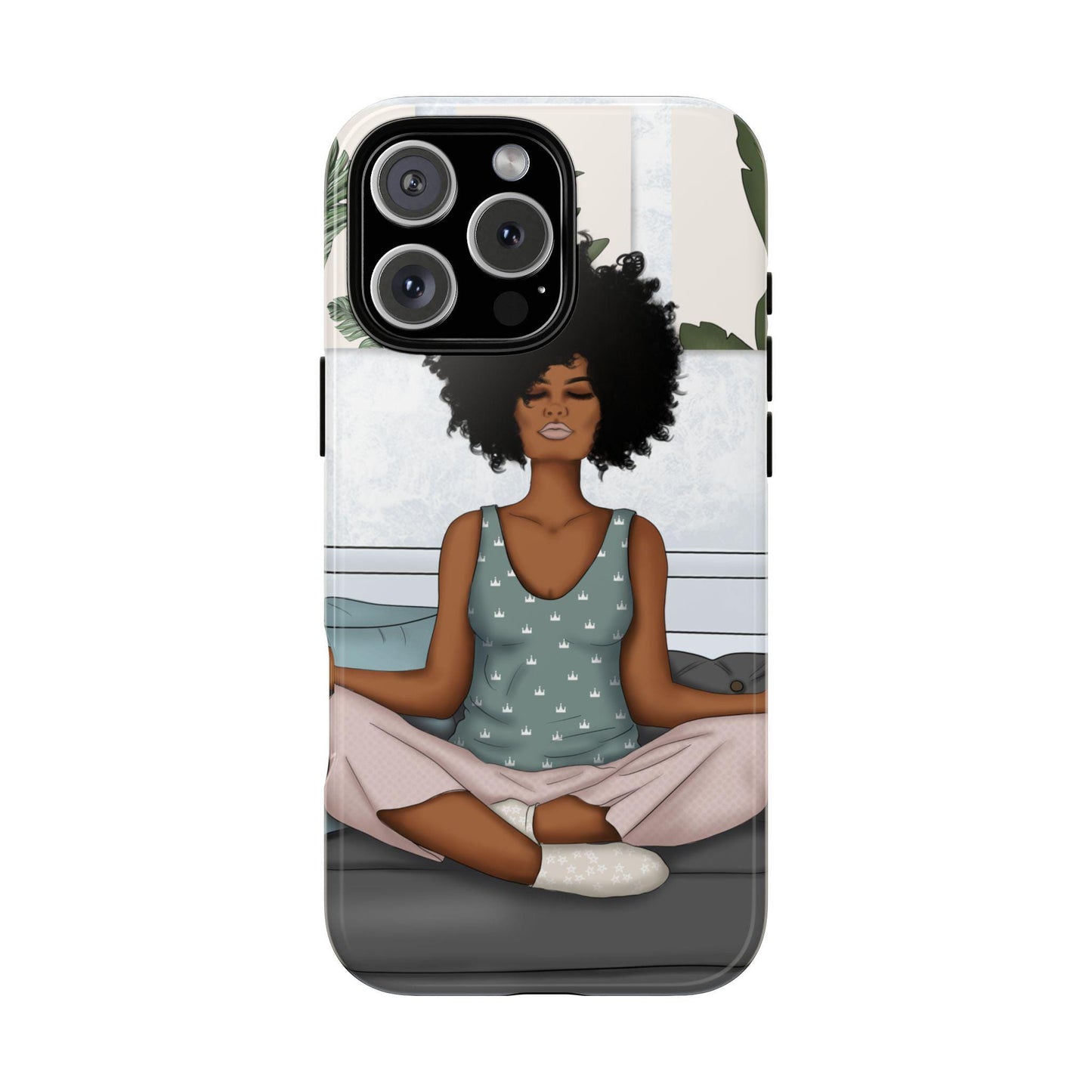iPhone 16, iPhone 16 Pro, iPhone 16 Plus, iPhone 16 Pro Max Tough Cases African American Woman Black Woman Yoga Namaste Peace Joy