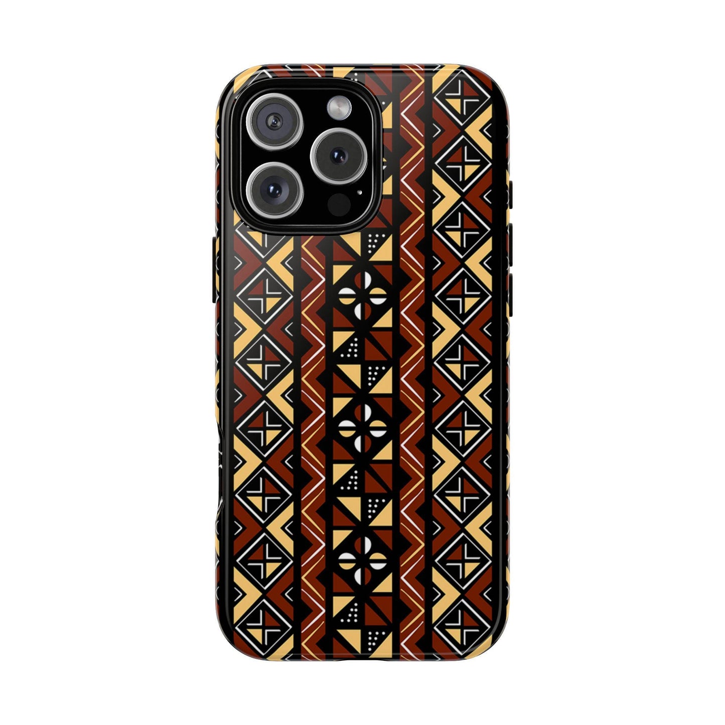 iPhone 16, iPhone 16 Pro, iPhone 16 Plus, iPhone 16 Pro Max Tough Cases Brown Black Yellow African Design Pattern