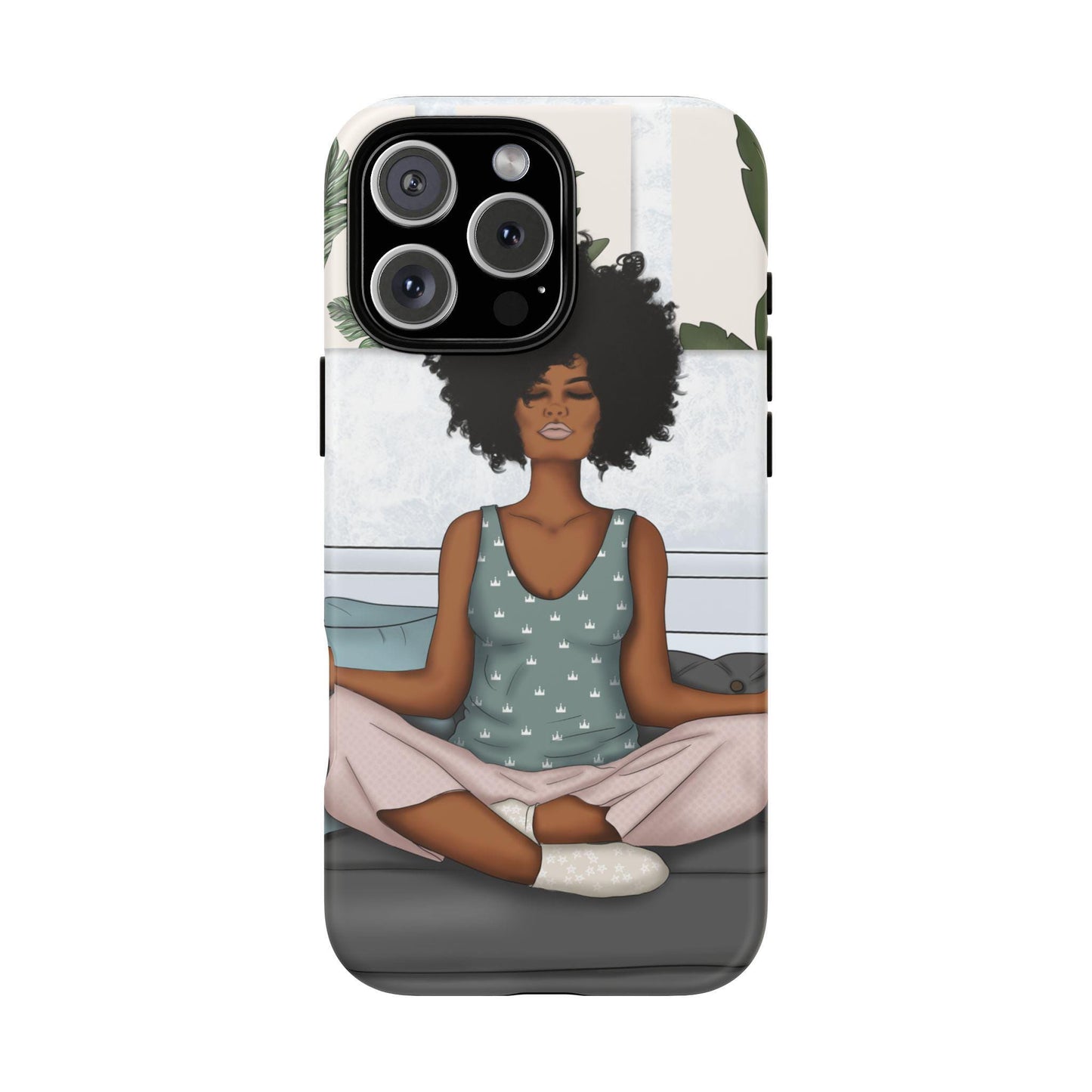 iPhone 16, iPhone 16 Pro, iPhone 16 Plus, iPhone 16 Pro Max Tough Cases African American Woman Black Woman Yoga Namaste Peace Joy