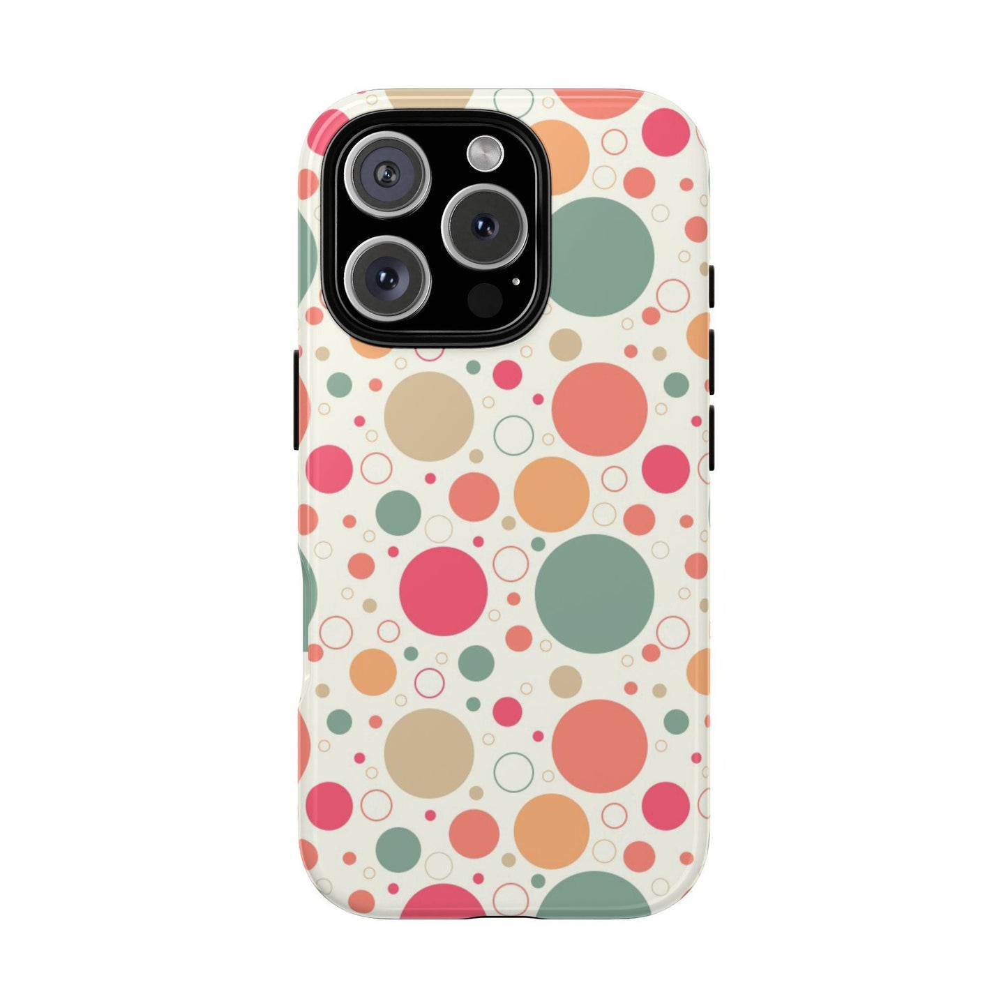 iPhone 16, iPhone 16 Pro, iPhone 16 Plus, iPhone 16 Pro Max Tough Cases Bubbles Coral Green Yellow Circles Round Colors