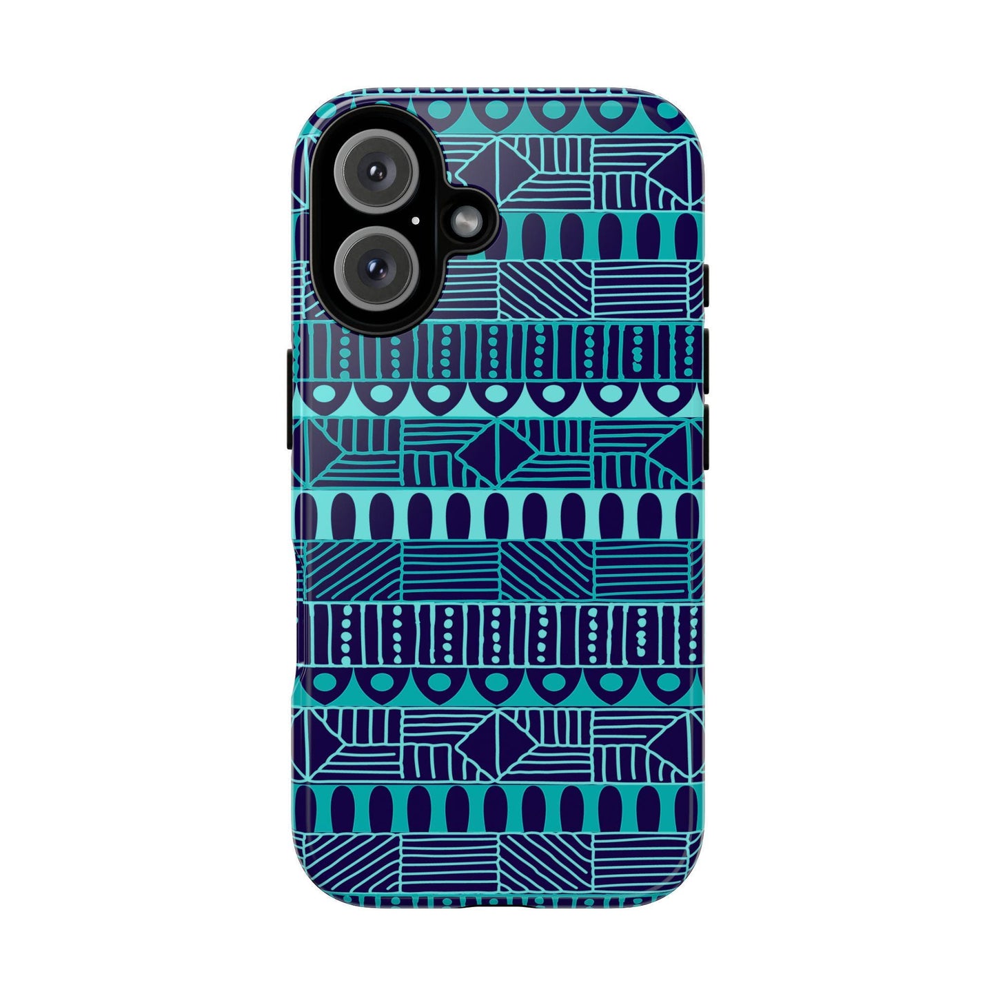 iPhone 16, iPhone 16 Pro, iPhone 16 Plus, iPhone 16 Pro Max Tough Cases Blue Navy Batik African Design Pattern Teal Light Blue