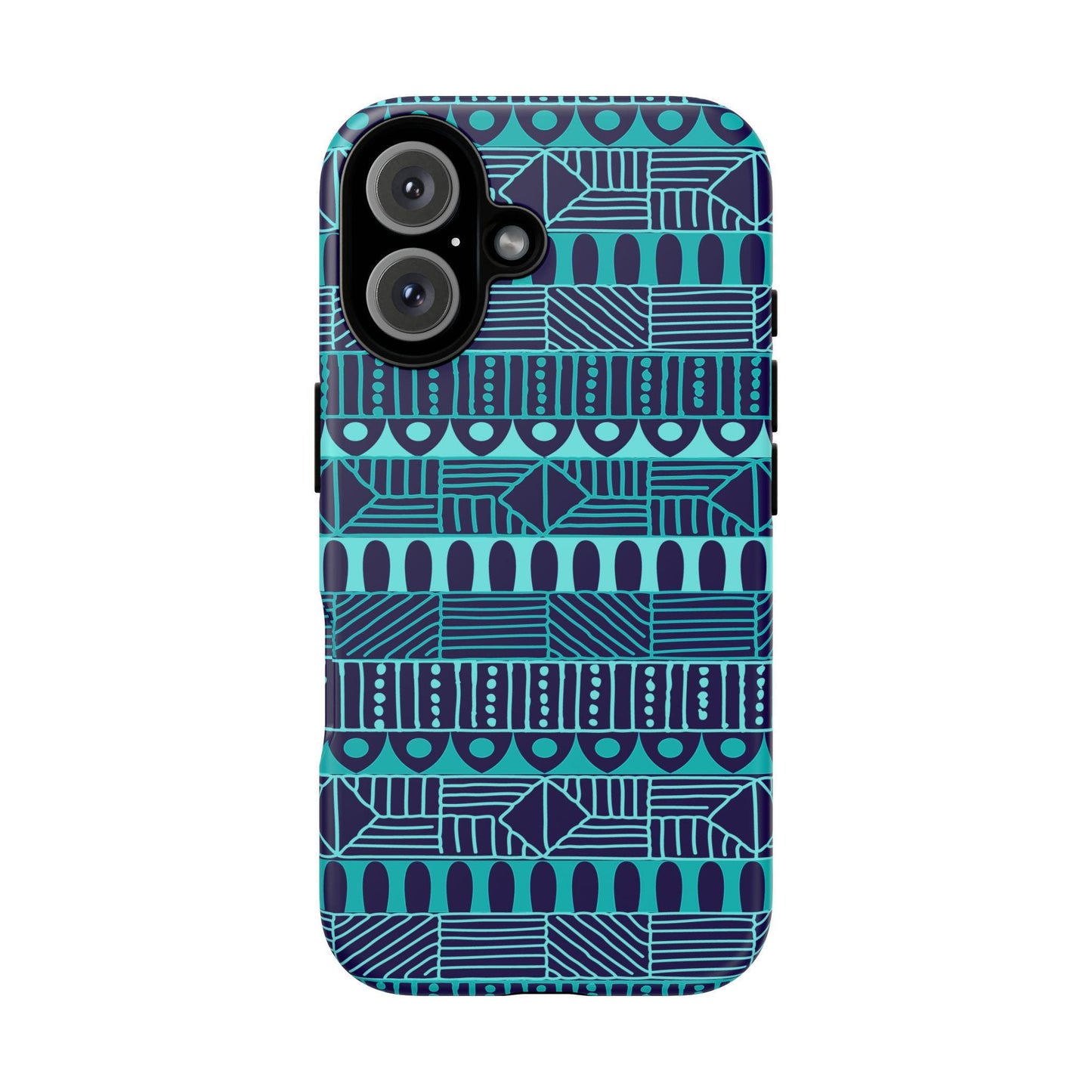 iPhone 16, iPhone 16 Pro, iPhone 16 Plus, iPhone 16 Pro Max Tough Cases Blue Navy Batik African Design Pattern Teal Light Blue
