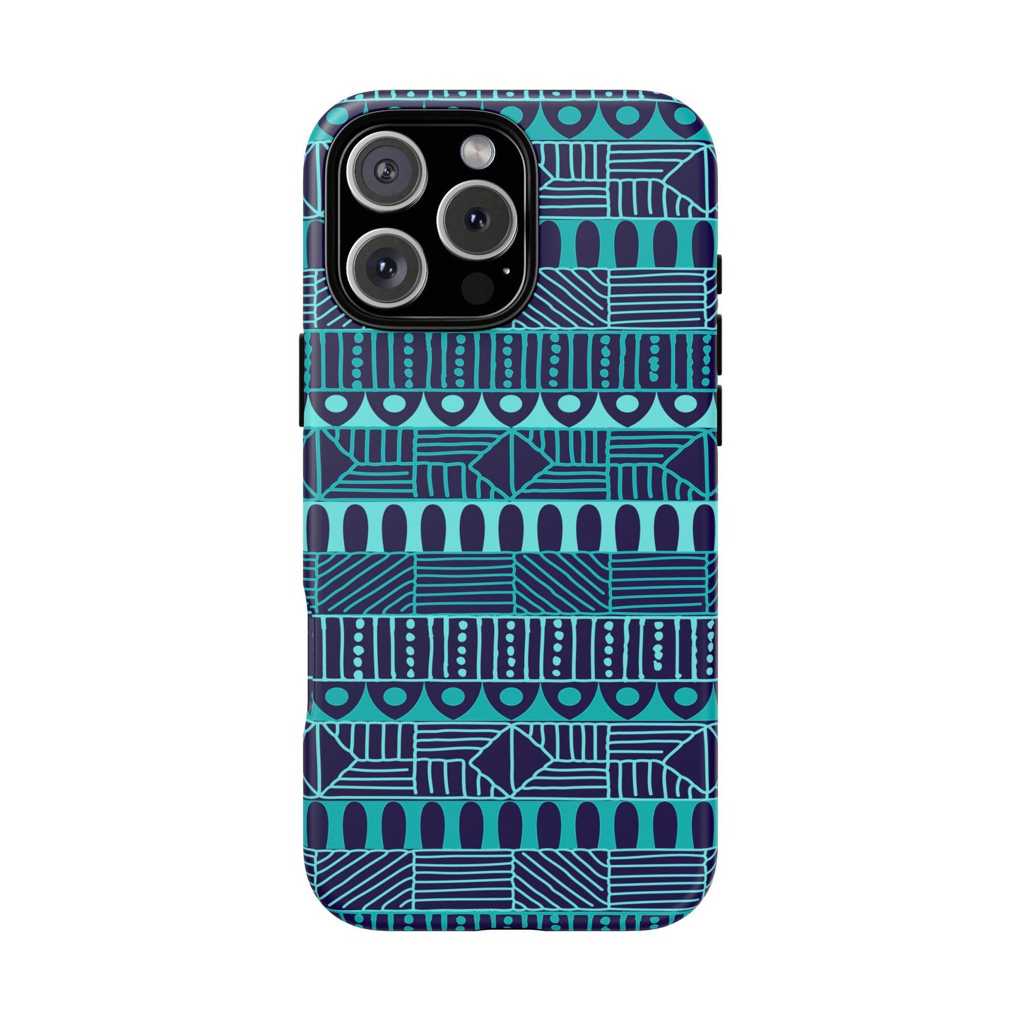 iPhone 16, iPhone 16 Pro, iPhone 16 Plus, iPhone 16 Pro Max Tough Cases Blue Navy Batik African Design Pattern Teal Light Blue