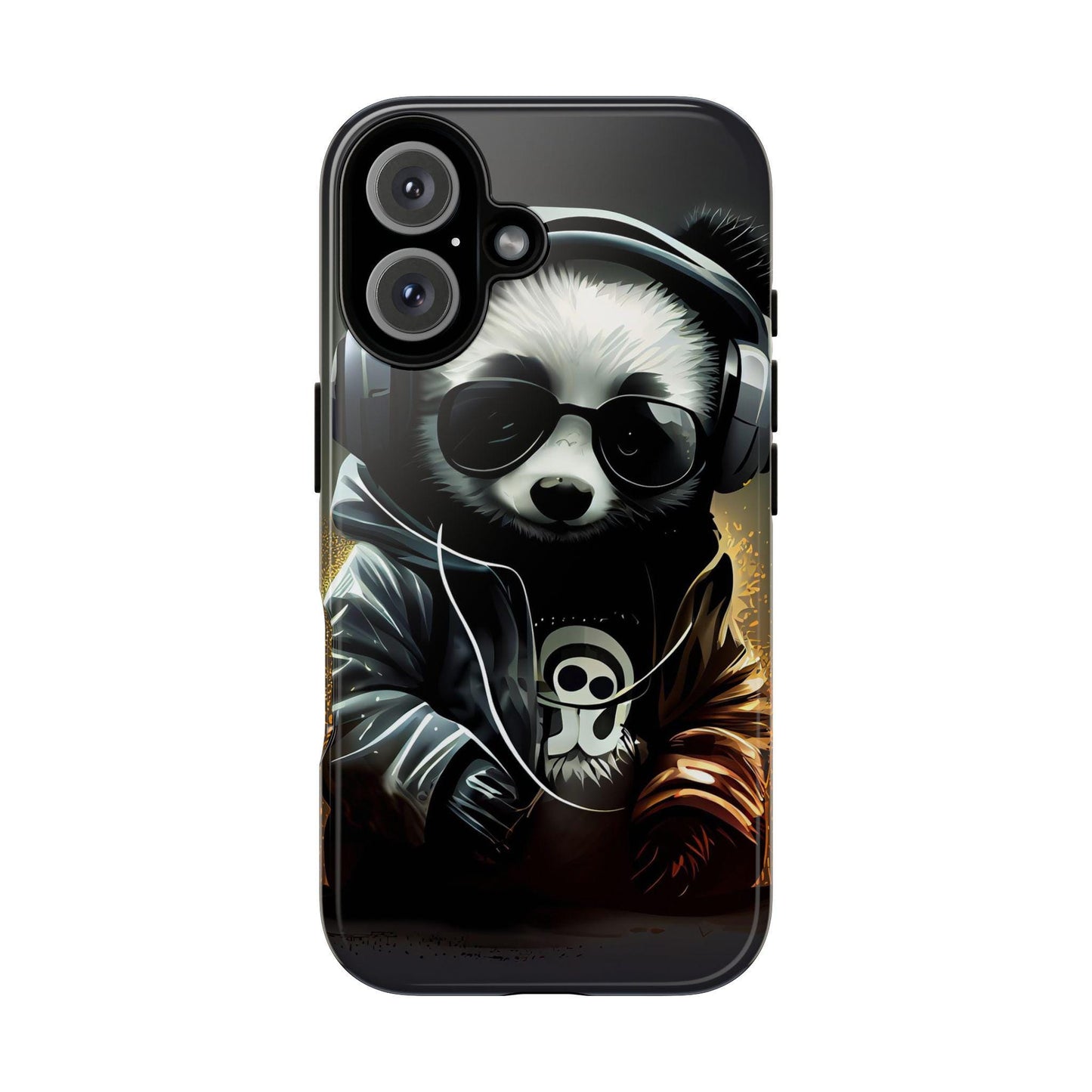 iPhone 16, iPhone 16 Pro, iPhone 16 Plus, iPhone 16 Pro Max Tough Cases Black White Panda With Headphones Audiophile Stereo headset bear