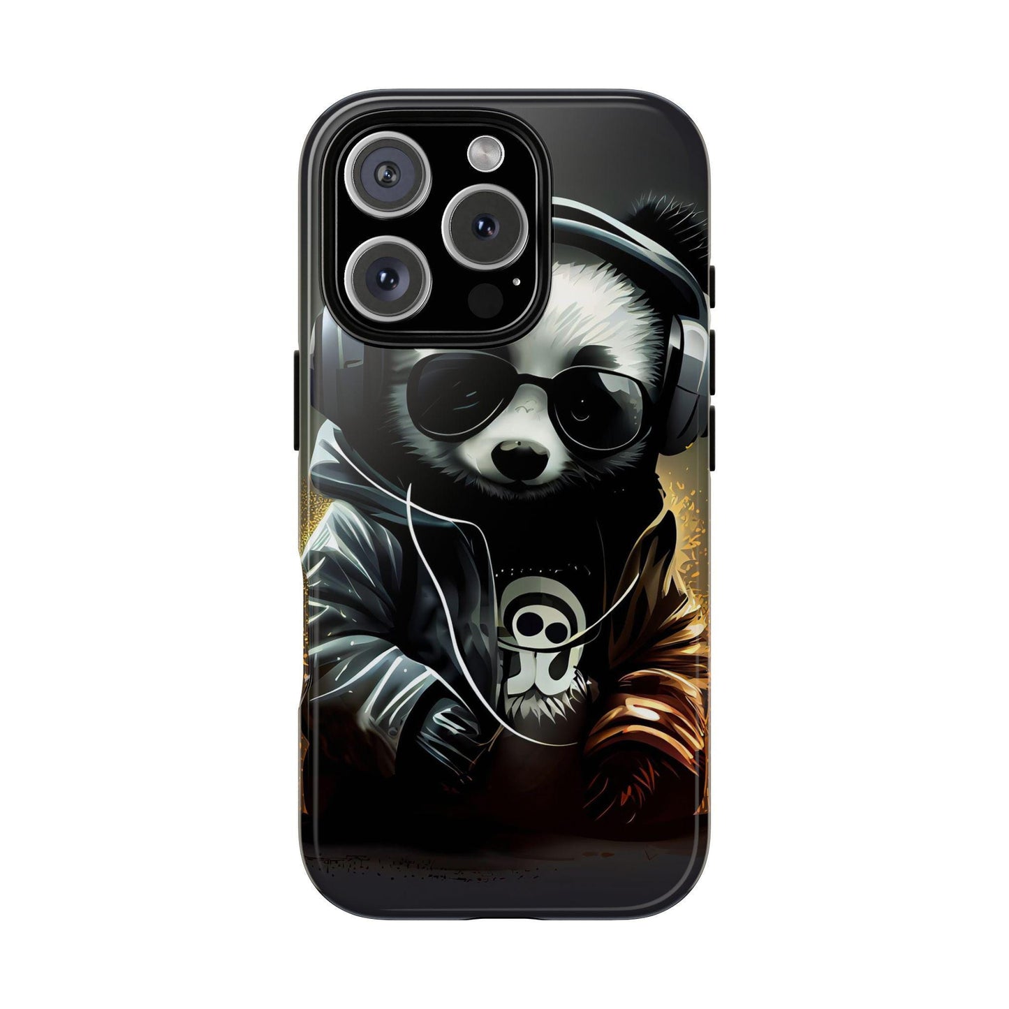 iPhone 16, iPhone 16 Pro, iPhone 16 Plus, iPhone 16 Pro Max Tough Cases Black White Panda With Headphones Audiophile Stereo headset bear
