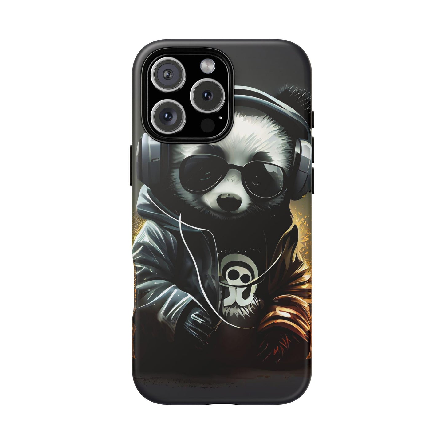 iPhone 16, iPhone 16 Pro, iPhone 16 Plus, iPhone 16 Pro Max Tough Cases Black White Panda With Headphones Audiophile Stereo headset bear