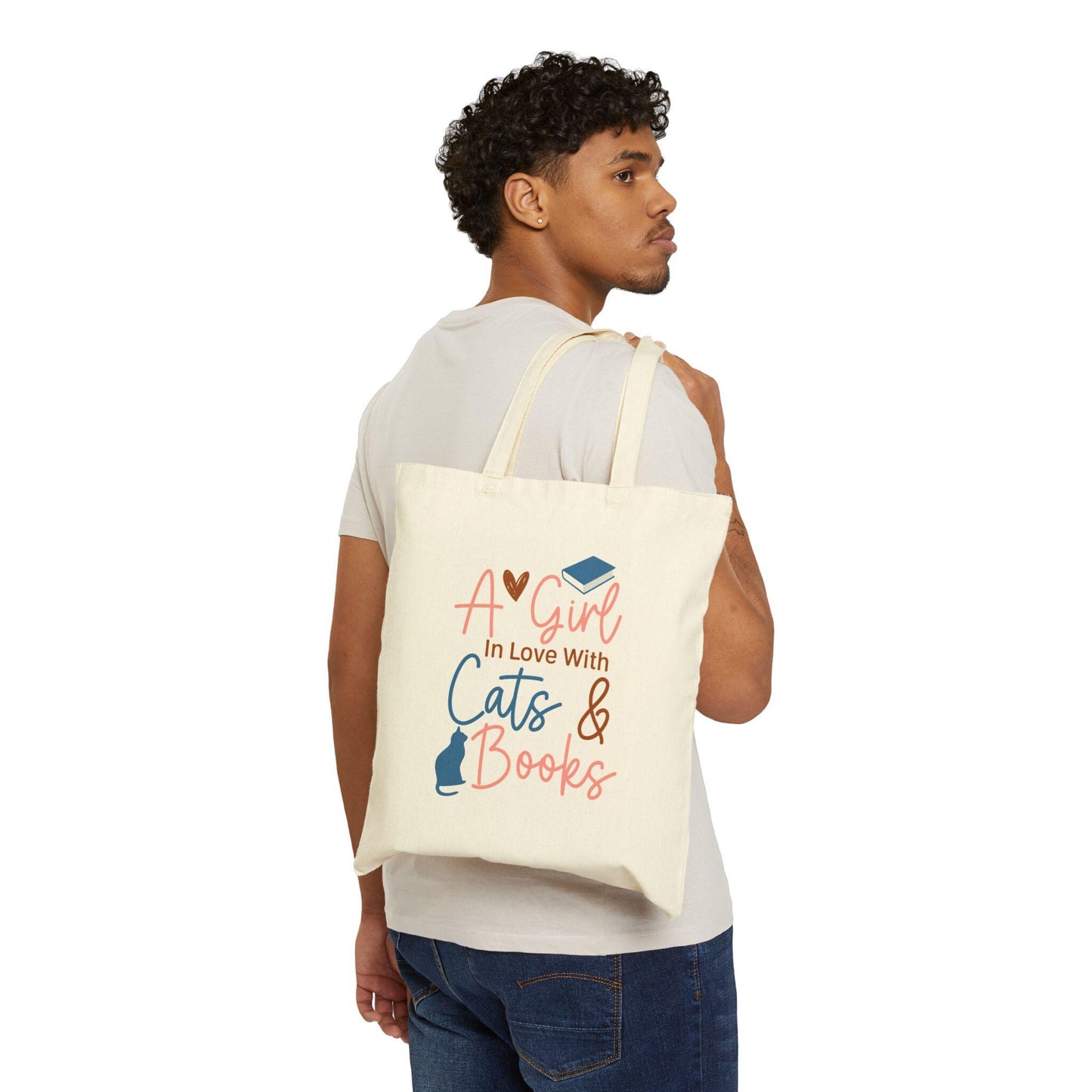 A Girl in Love with Her Cat and Books Cotton Canvas Tote Bag Cat lover Gift for Her Book Lover Gift Power Reader Book Dragon