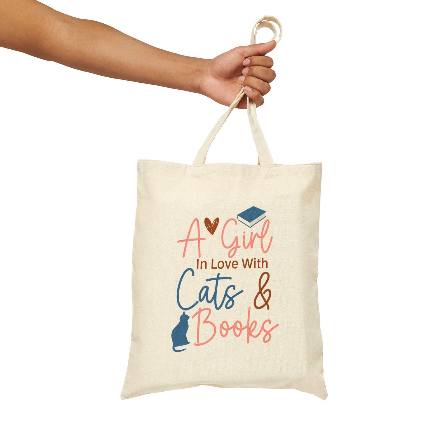 A Girl in Love with Her Cat and Books Cotton Canvas Tote Bag Cat lover Gift for Her Book Lover Gift Power Reader Book Dragon