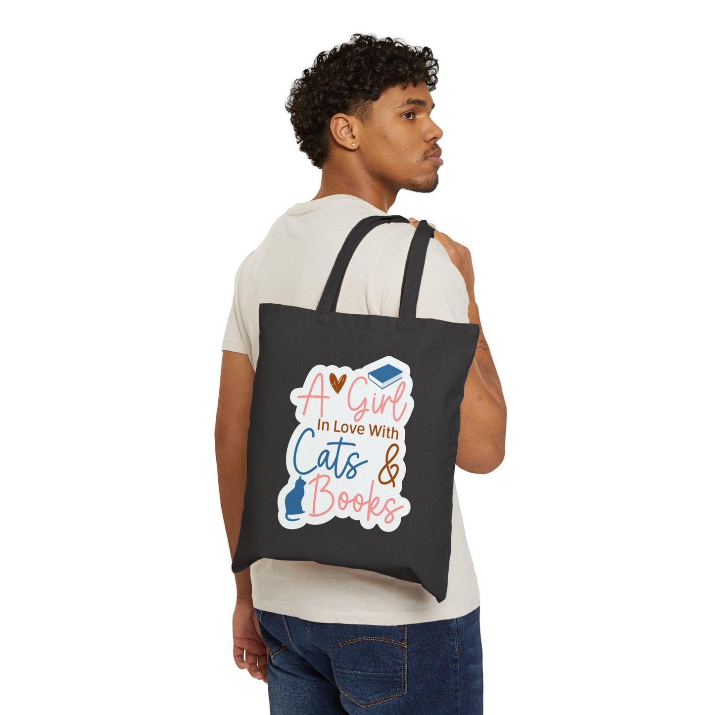 A Girl in Love with Her Cat and Books Cotton Canvas Tote Bag Cat lover Gift for Her Book Lover Gift Power Reader Book Dragon