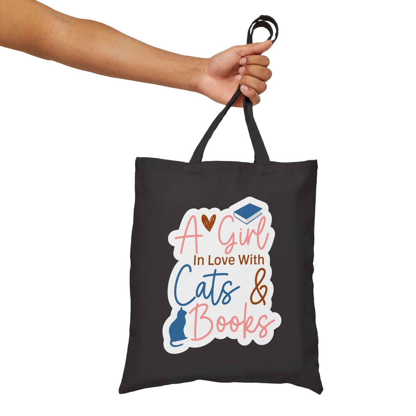 A Girl in Love with Her Cat and Books Cotton Canvas Tote Bag Cat lover Gift for Her Book Lover Gift Power Reader Book Dragon