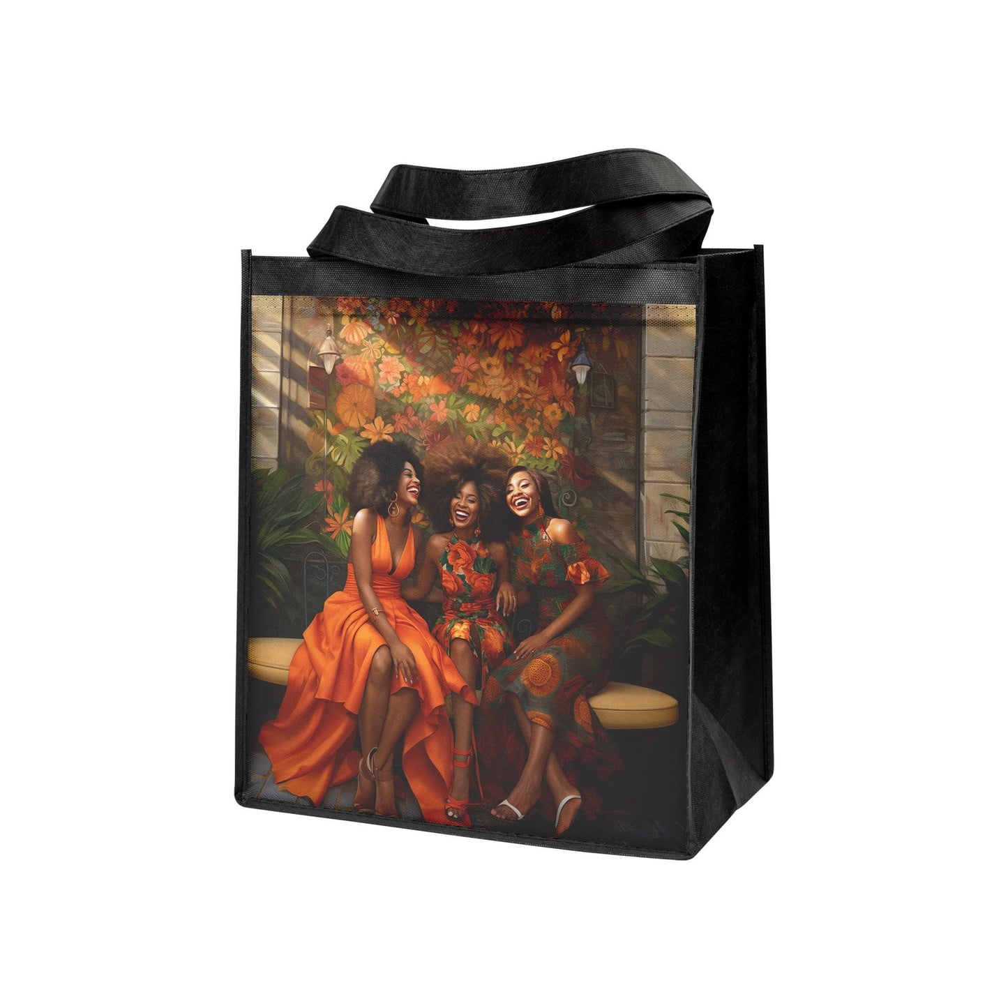 Three Happy Sister Friends Reunion in Orange Tones Grocery Shopping Tote Bag