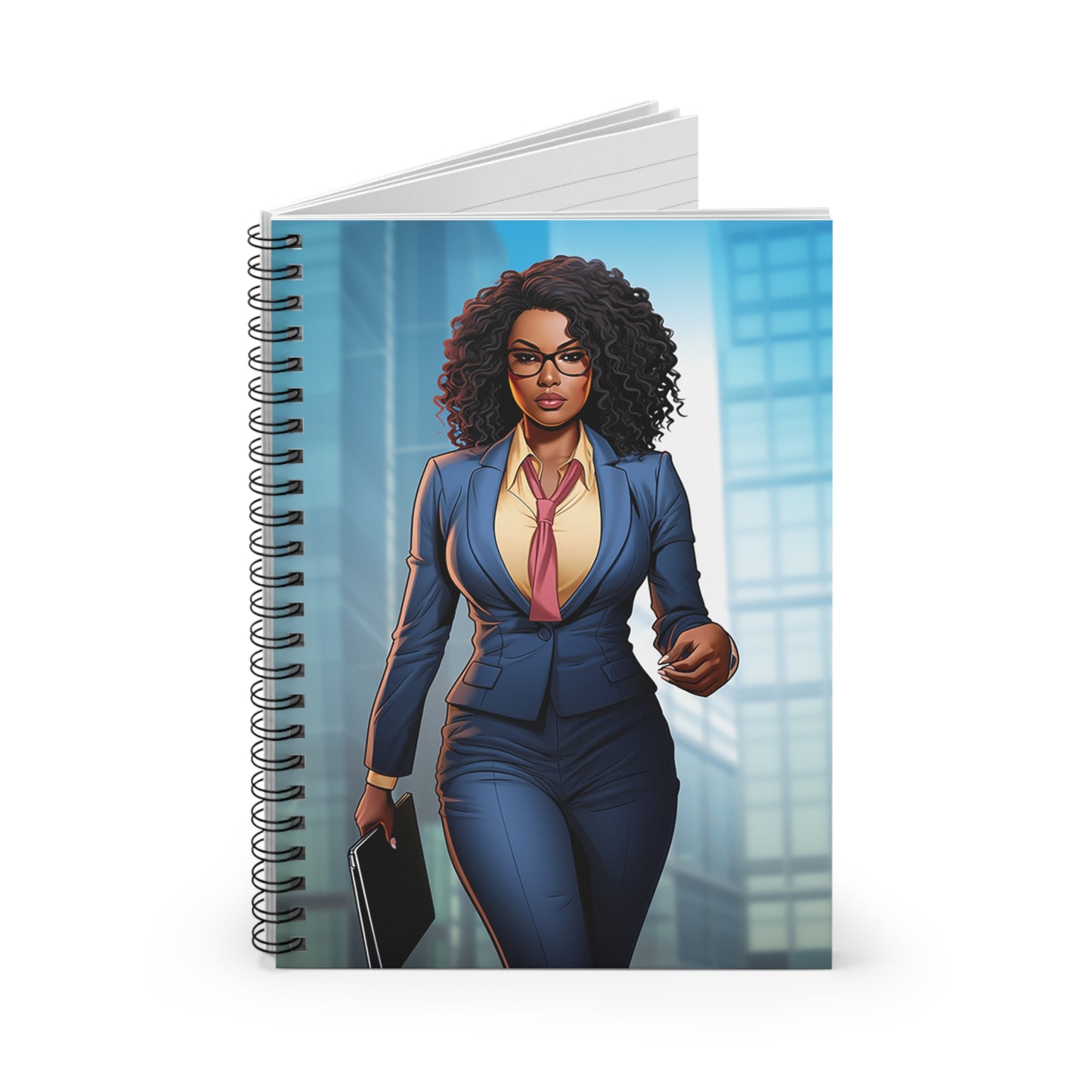 African American Business Women Superhero in Blue Environment Spiral Notebook - Ruled Line