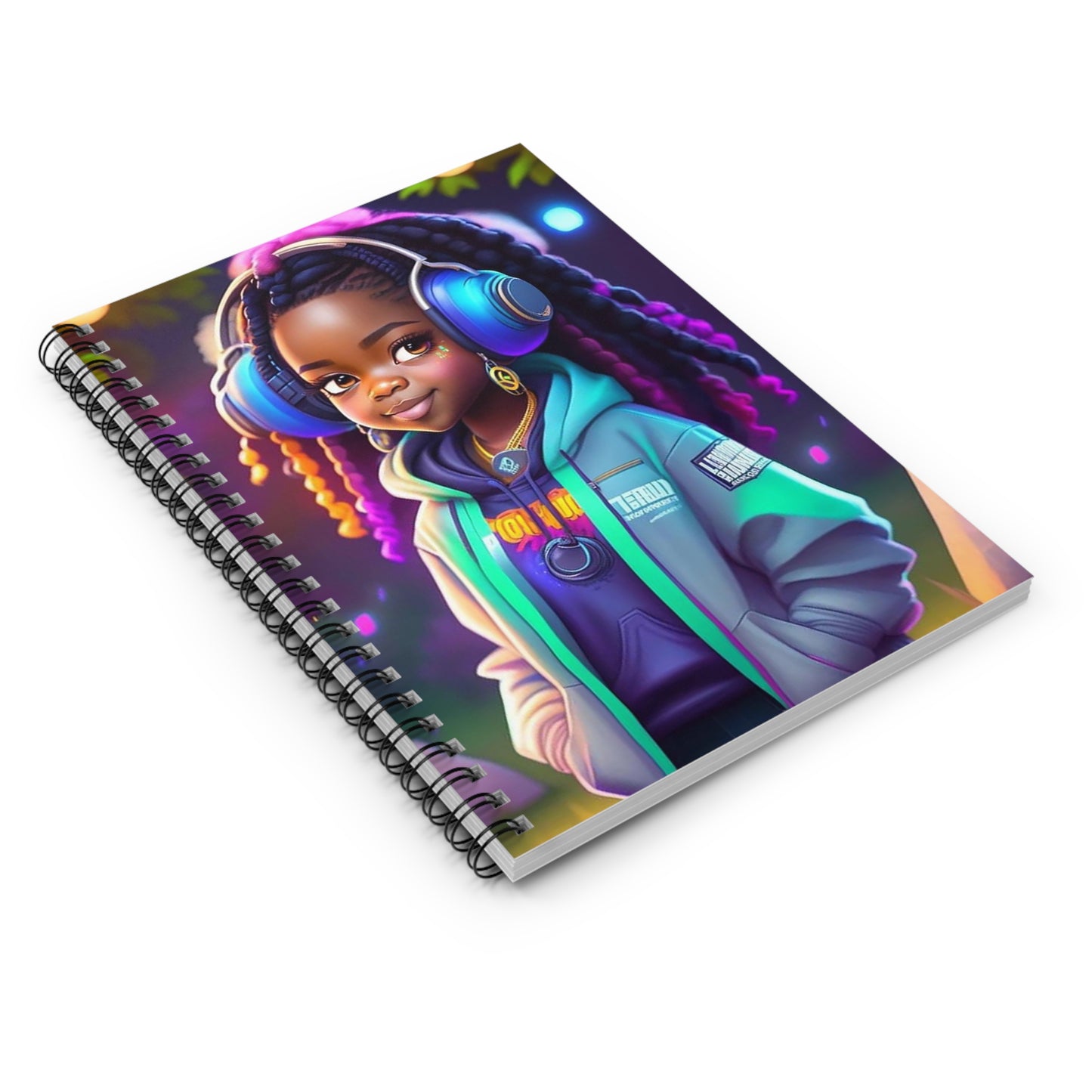 Girl with Headphones Spiral Notebook - Ruled Line (Purple tones)