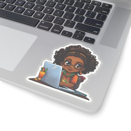 Chibi Style African American Student at Her Desk with Her Laptop Studying Kiss-Cut Stickers