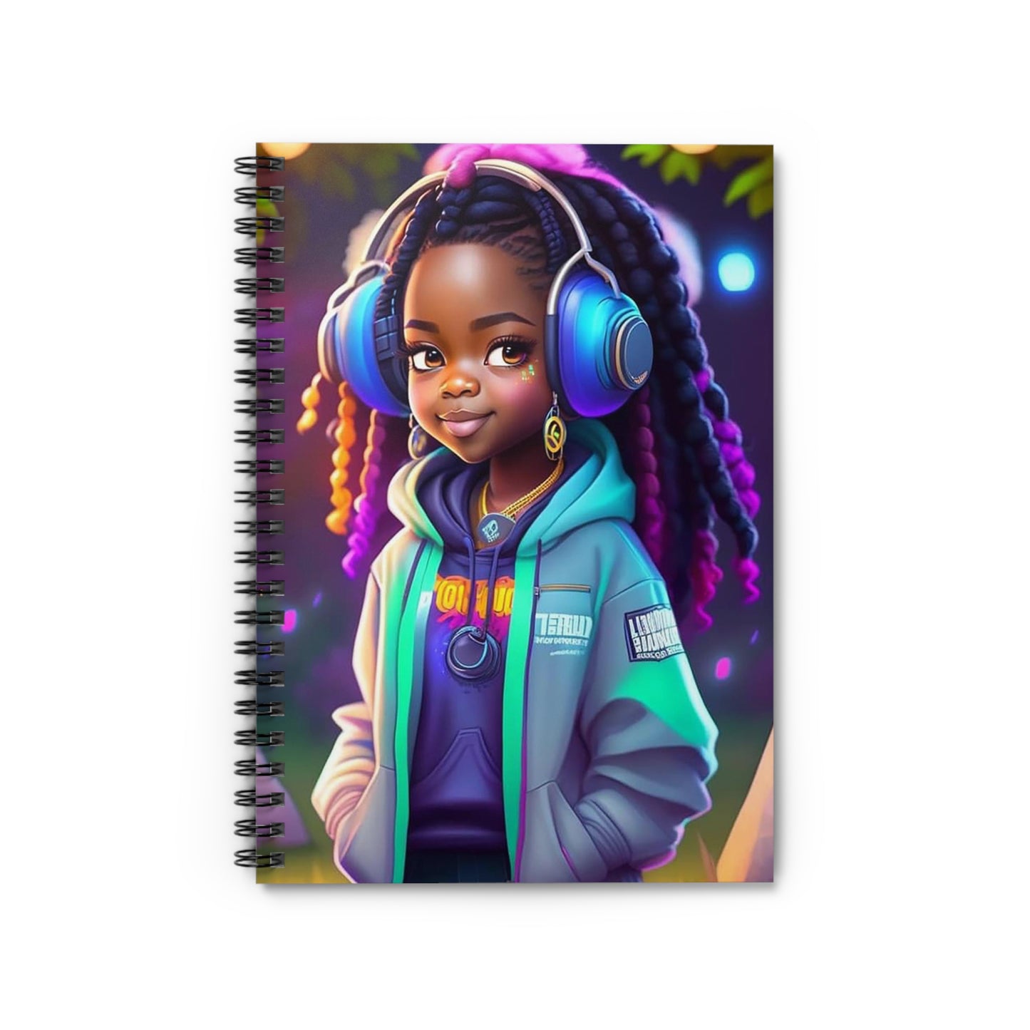 Girl with Headphones Spiral Notebook - Ruled Line (Purple tones)